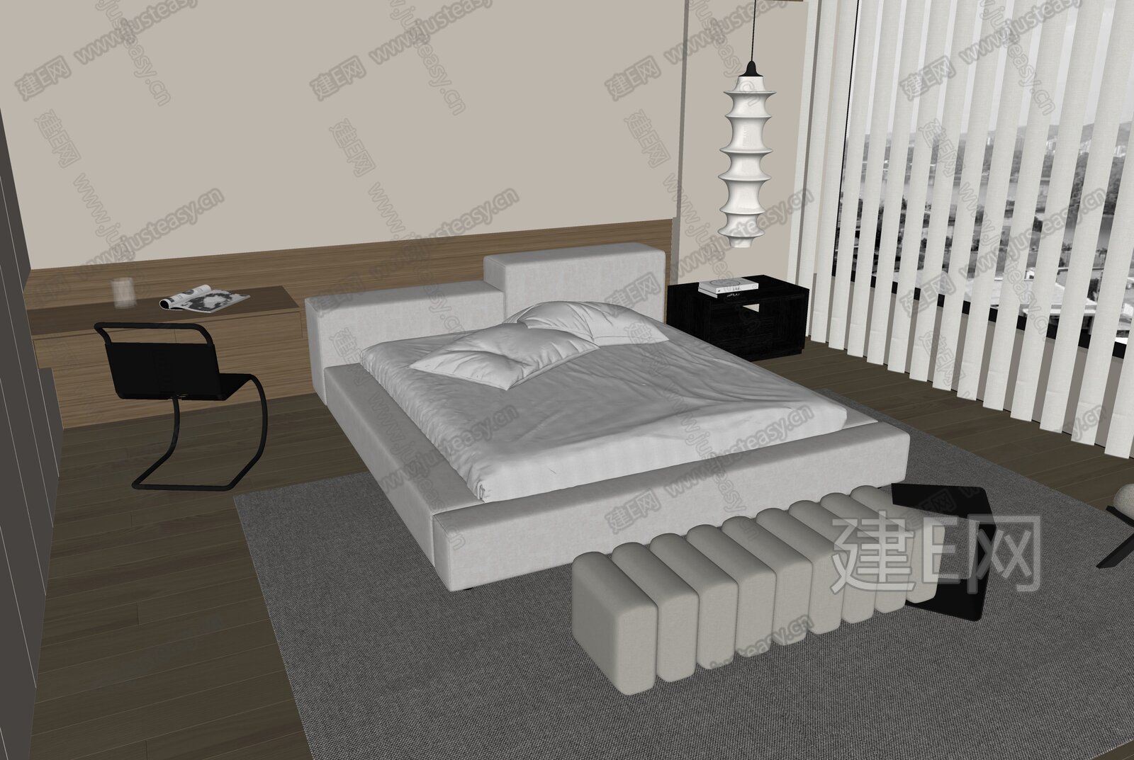 现代双人床模型SU模型下载[ID:109466190]_建E室内设计网