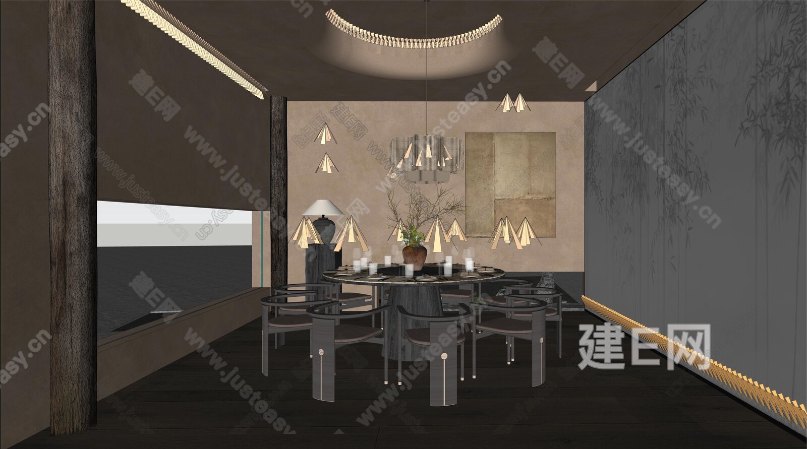 新中式侘寂餐厅包厢模型SU模型下载[ID:109073030]_建e网su模型