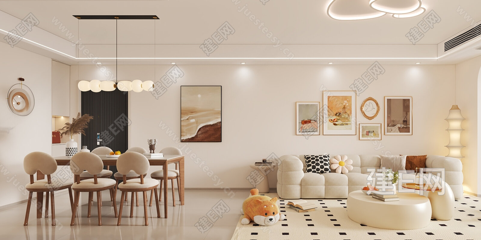现代奶油风客餐厅模型SU模型下载[ID:109924932]_建E室内设计网
