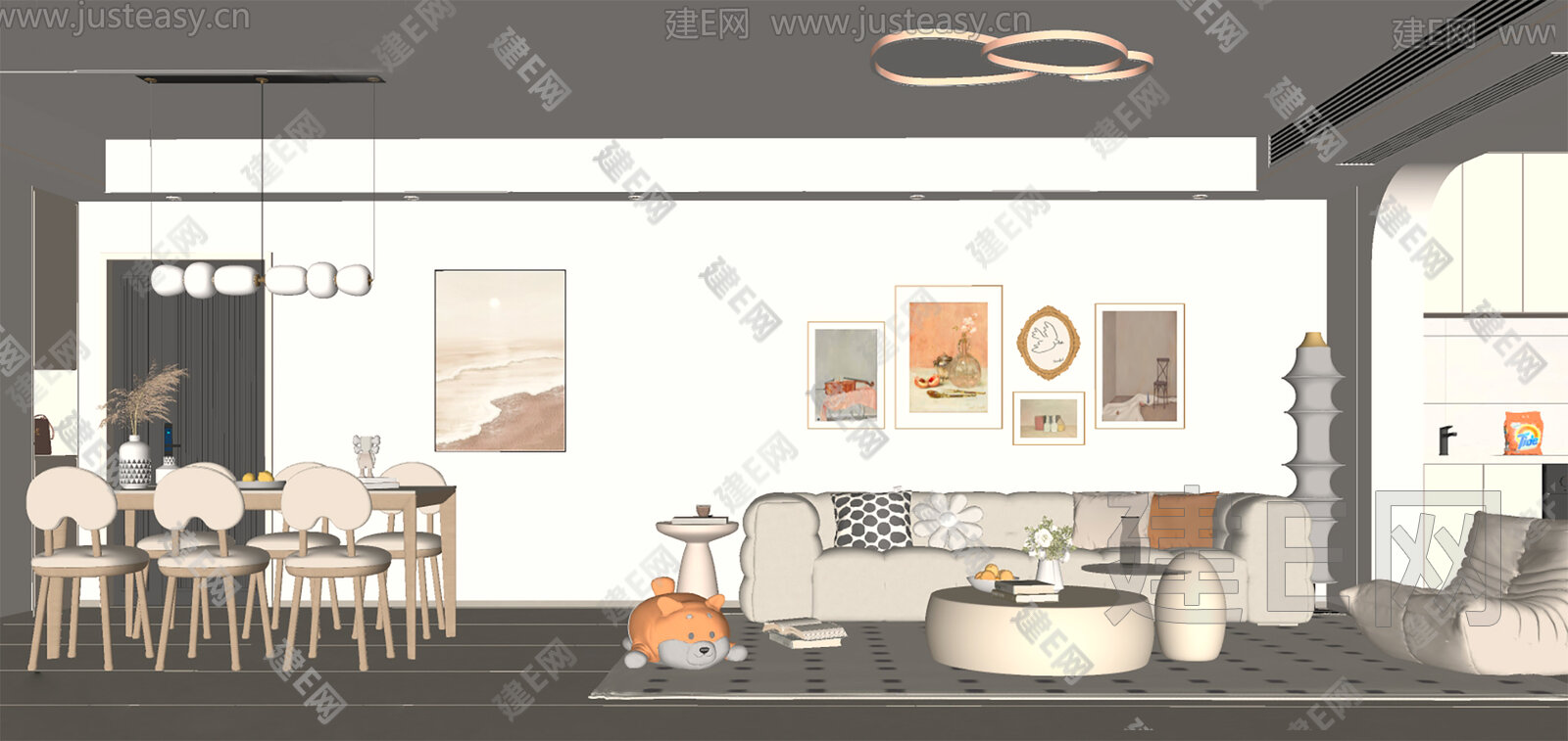 现代奶油风客餐厅模型SU模型下载[ID:109924932]_建E室内设计网