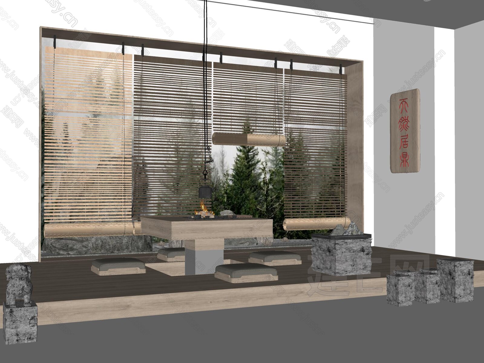 新中式室内竹帘模型SU模型下载[ID:110449307]_建E室内设计网
