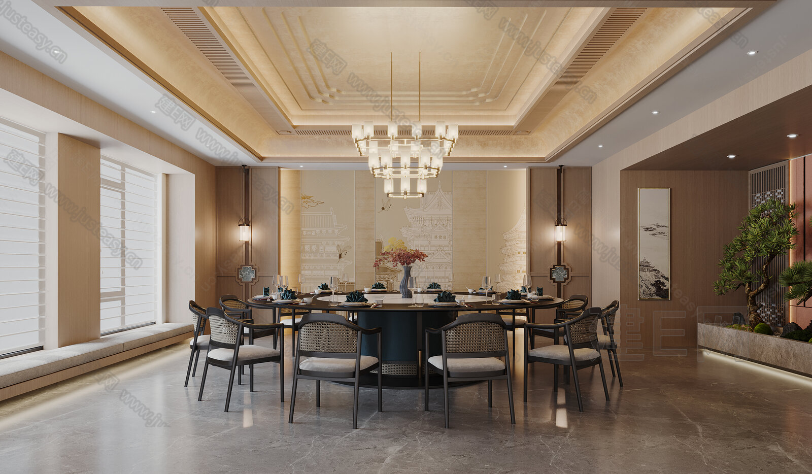 新中式包间设计3d模型下载[ID:111303992]_建e网3d模型