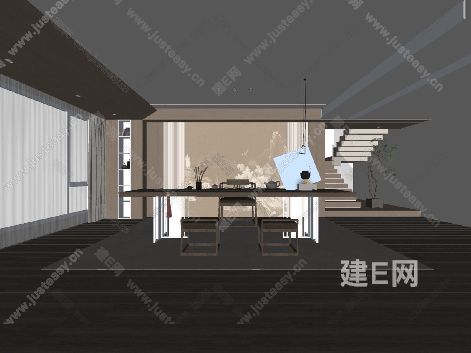 新中式禅意茶室模型SU模型下载[ID:111628975]_建E室内设计网
