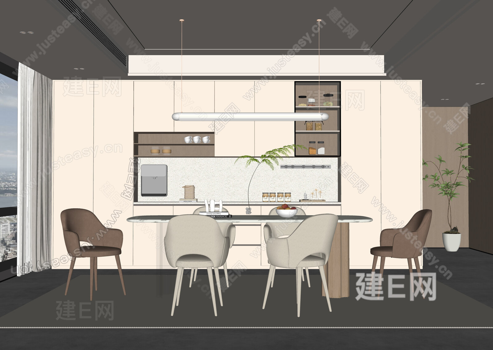 现代奶油风餐厅模型SU模型下载[ID:111956508]_建e网su模型