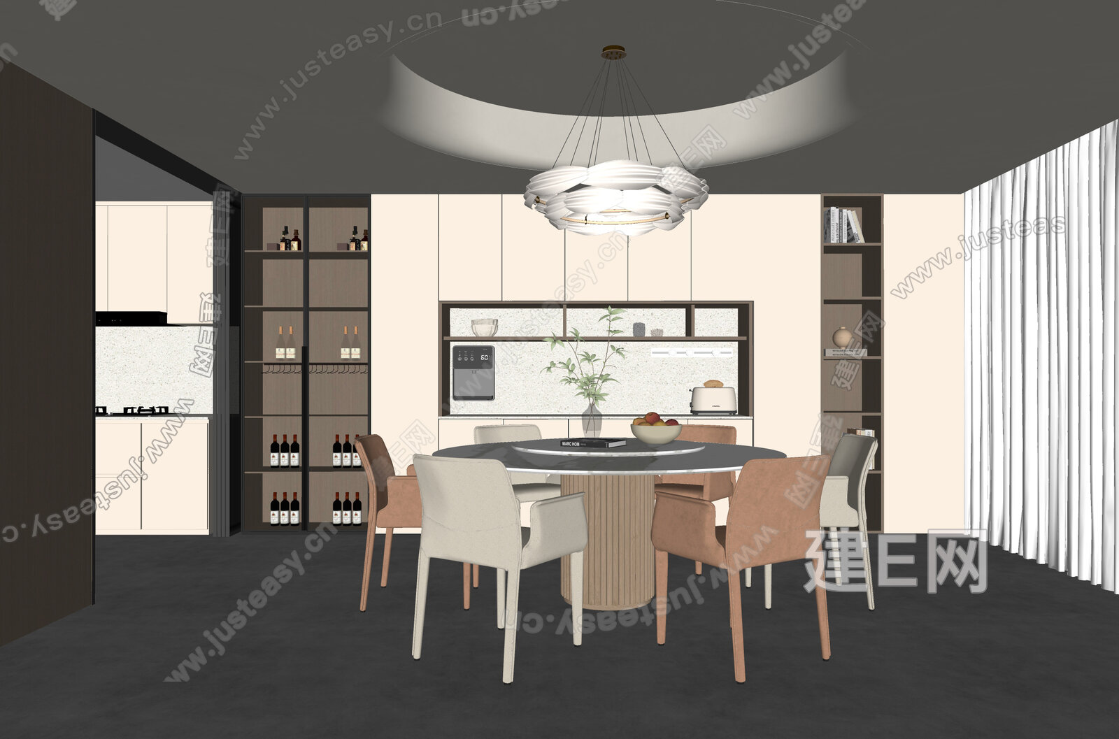 现代奶油风餐厅模型SU模型下载[ID:112546475]_建e网su模型
