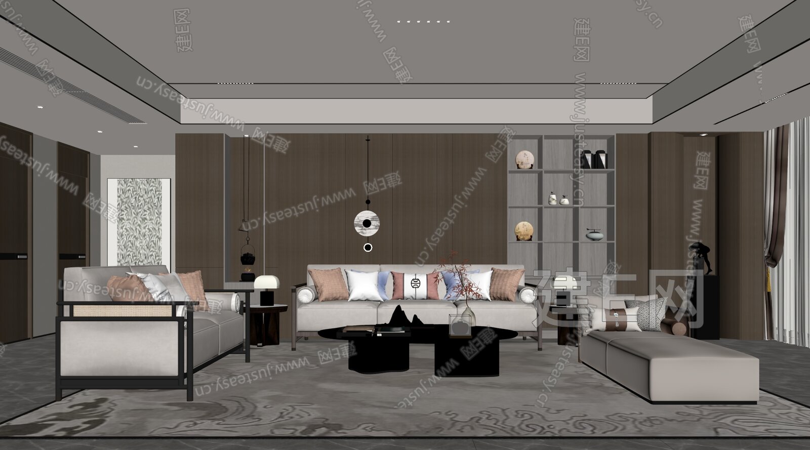 新中式客厅 模型SU模型下载[ID:112546483]_建E室内设计网