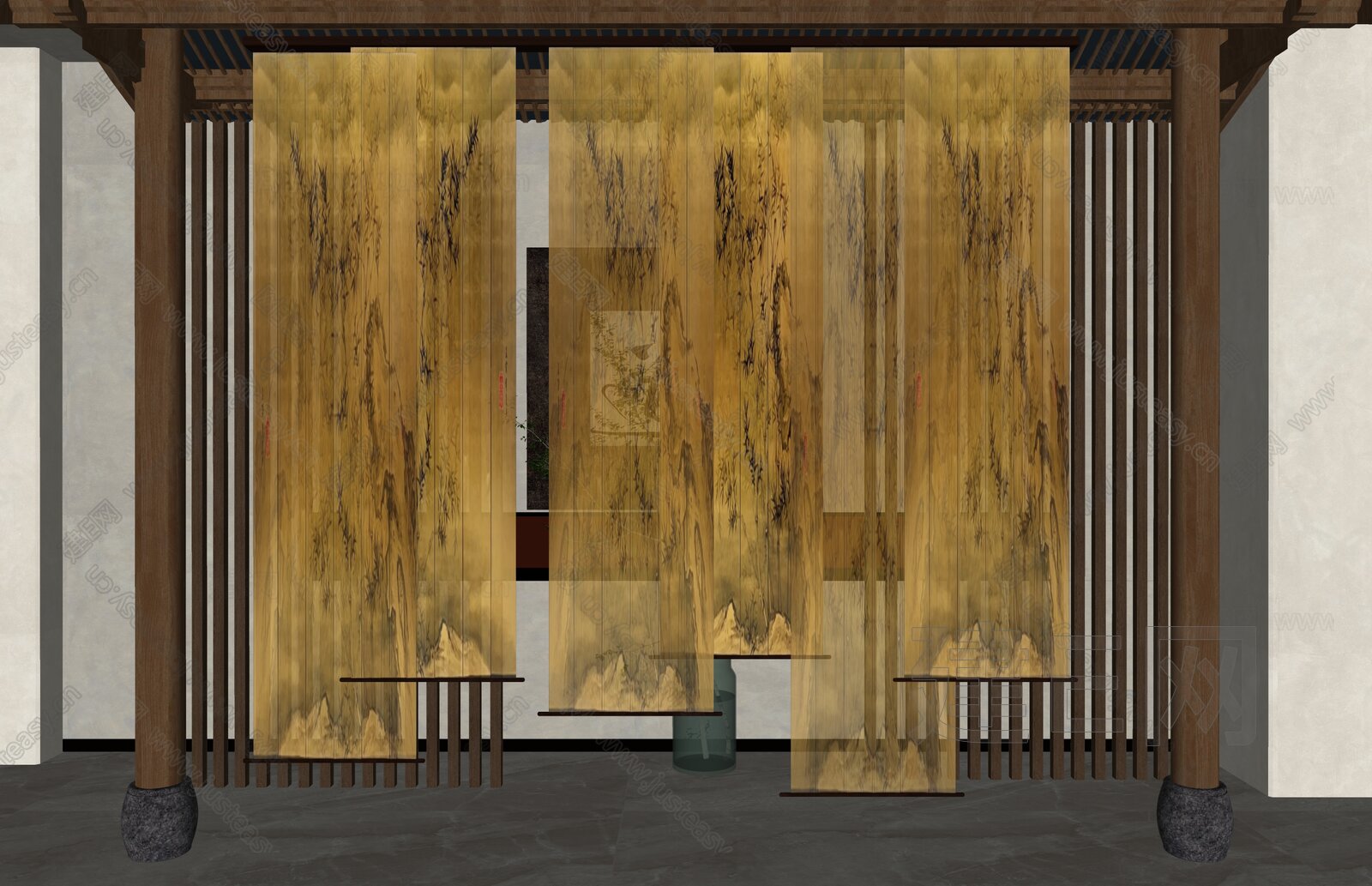 新中式卷帘隔断模型SU模型下载[ID:112349944]_建E室内设计网