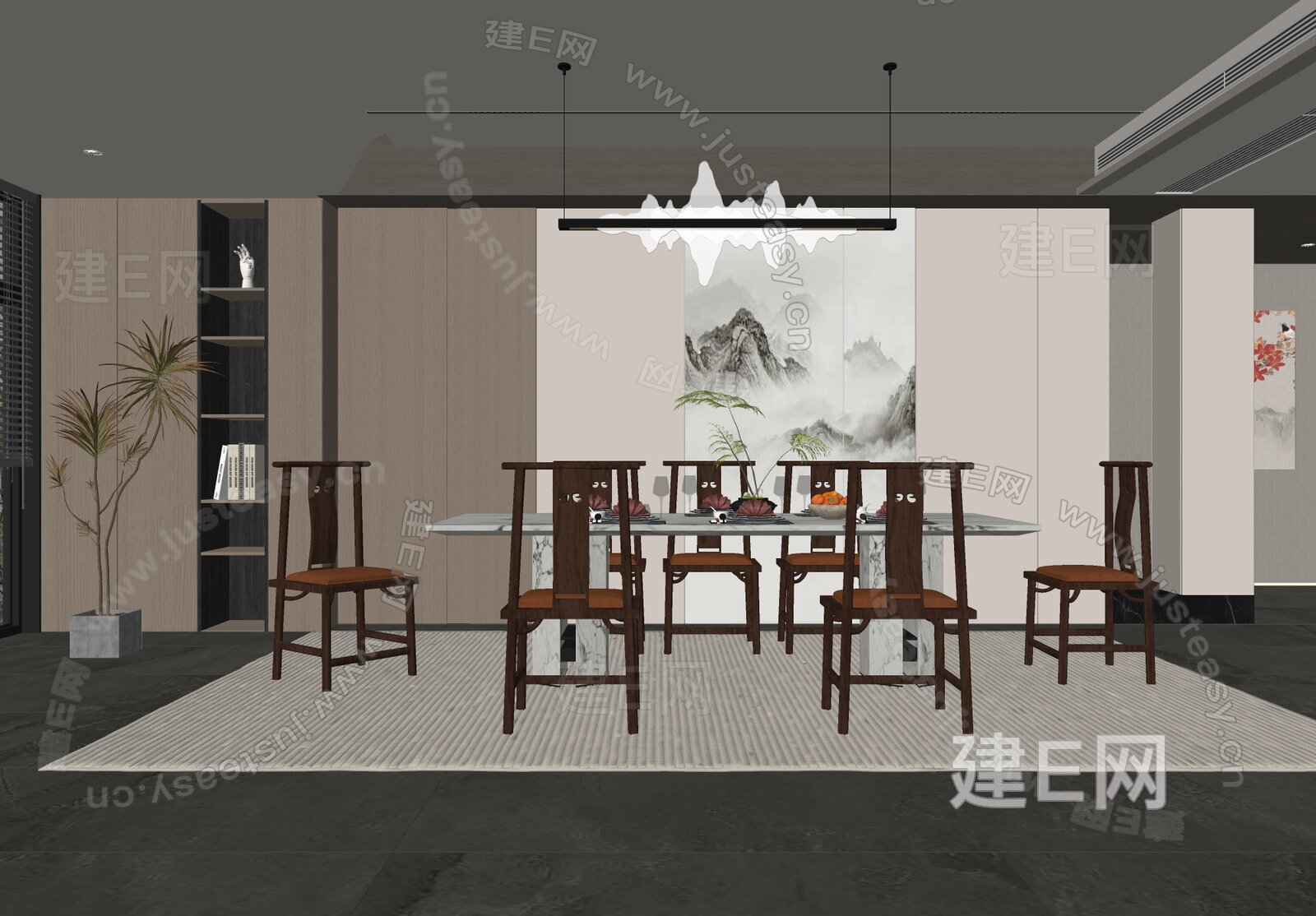 新中式餐厅模型SU模型下载[ID:113005207]_建e网su模型