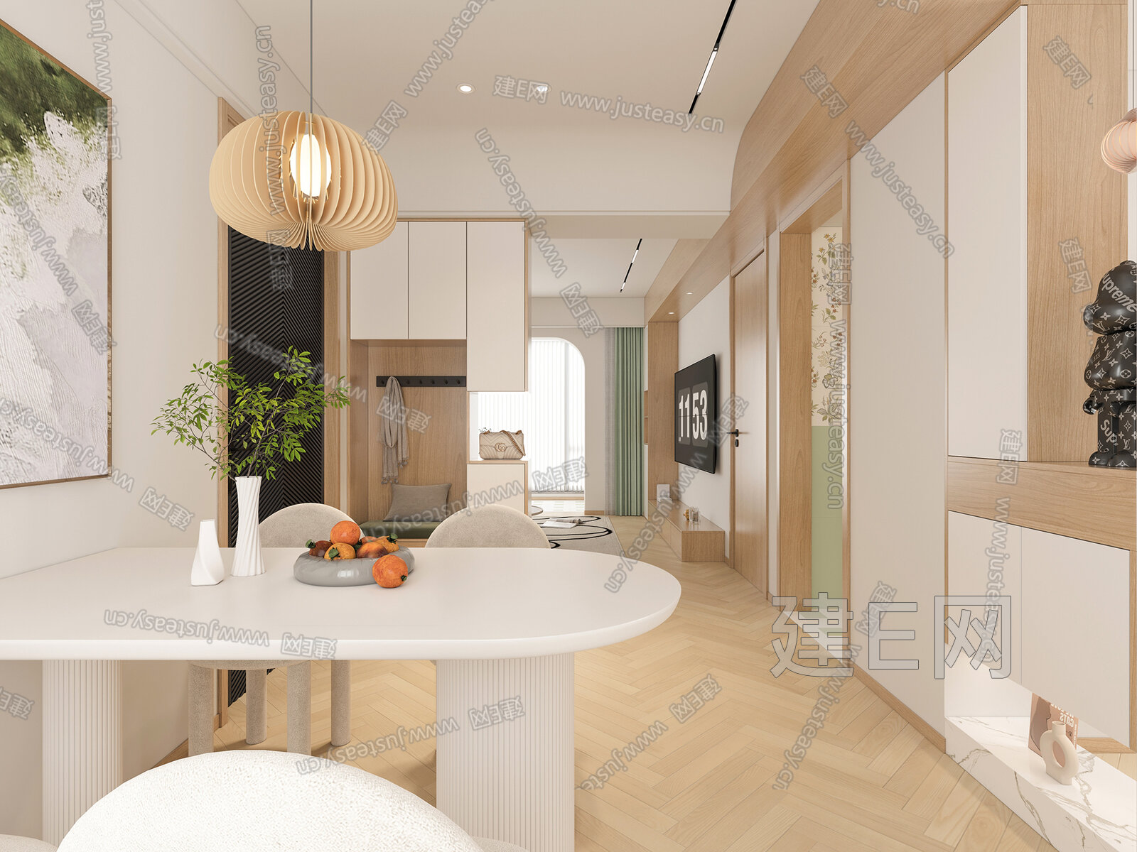 现代奶油风客餐厅模型SU模型下载[ID:111497761]_建e网su模型