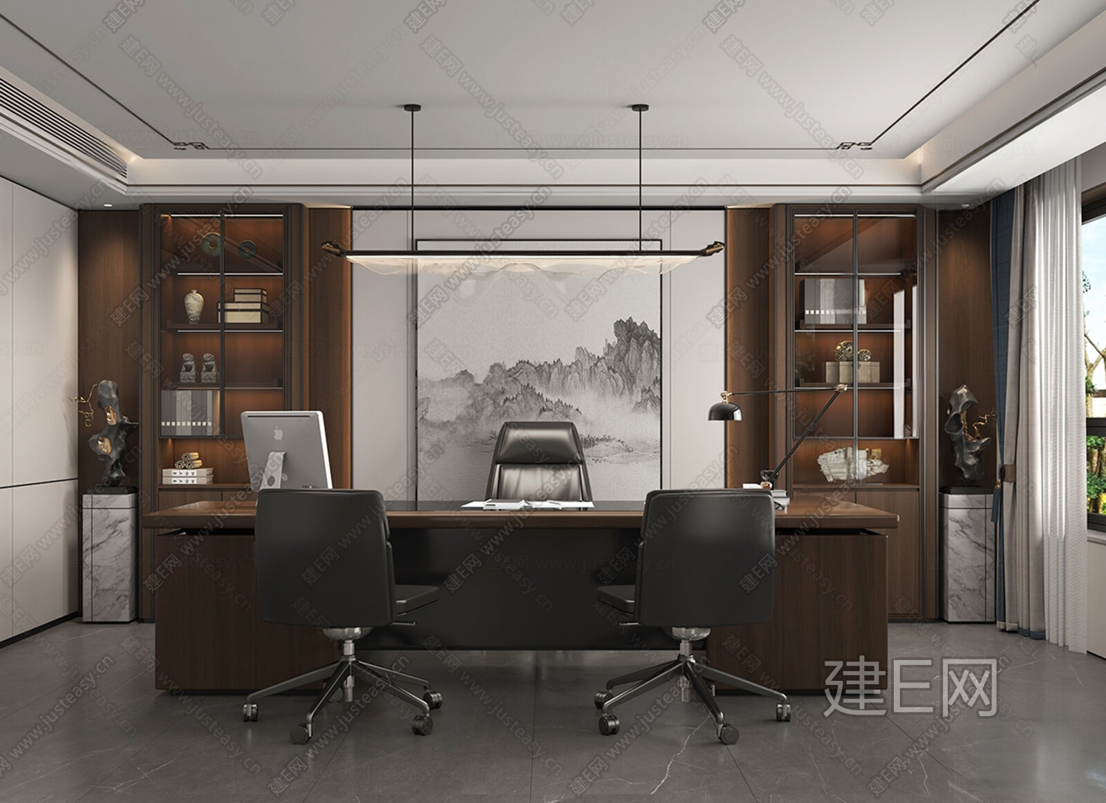 新中式经理办公室3d模型下载[ID:106650837]_建e网3d模型