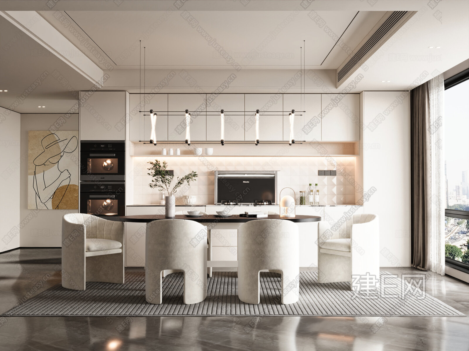 现代奶油风餐厅模型SU模型下载[ID:105862554]_建E室内设计网