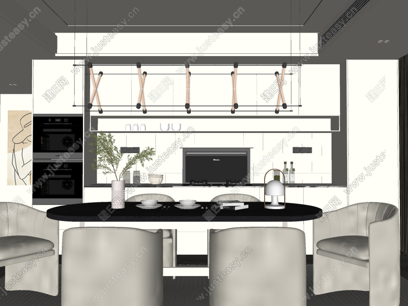 现代奶油风餐厅模型SU模型下载[ID:105862554]_建E室内设计网