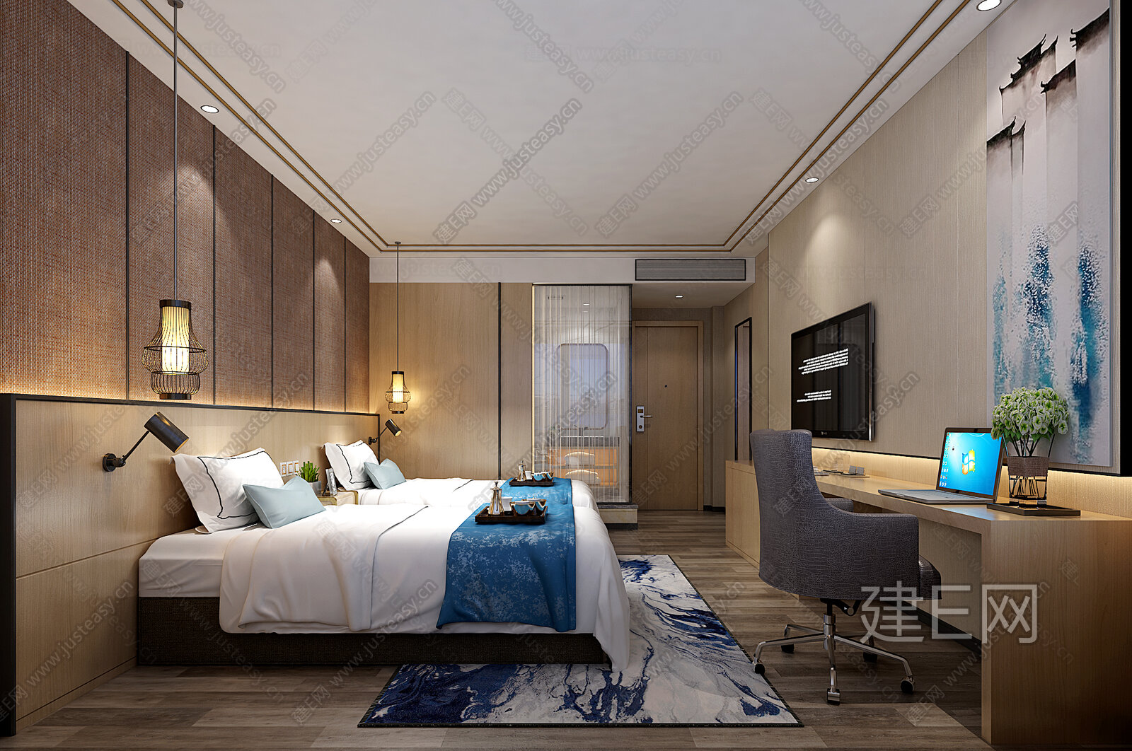 【新中式酒店客房3d模型】建E网_新中式酒店客房3d模型下载[ID:107633750]_打造3d新中式酒店客房模型免费下载平台