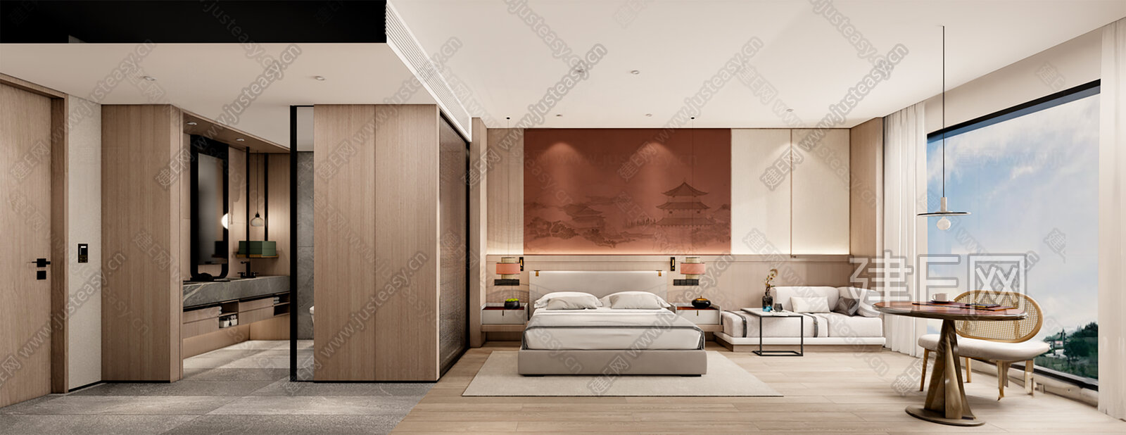 新中式酒店客房3d模型下载[ID:108878905]_建e网3d模型