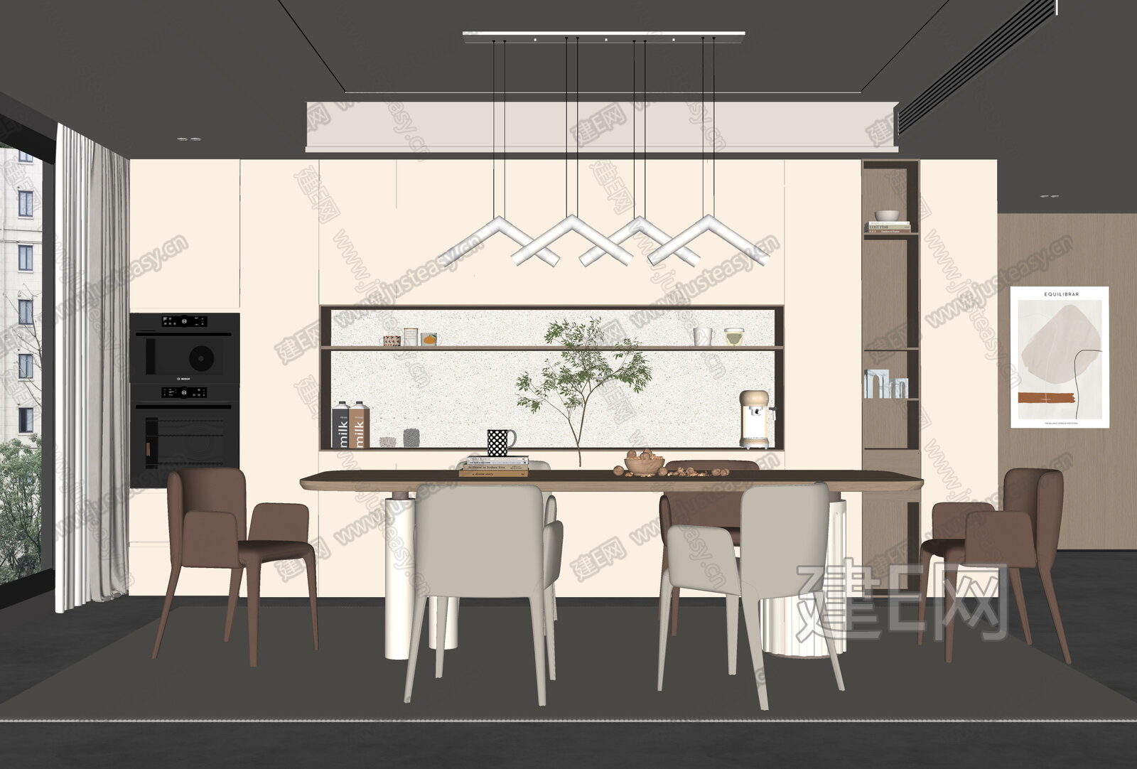 现代奶油风餐厅模型SU模型下载[ID:105927989]_建E室内设计网