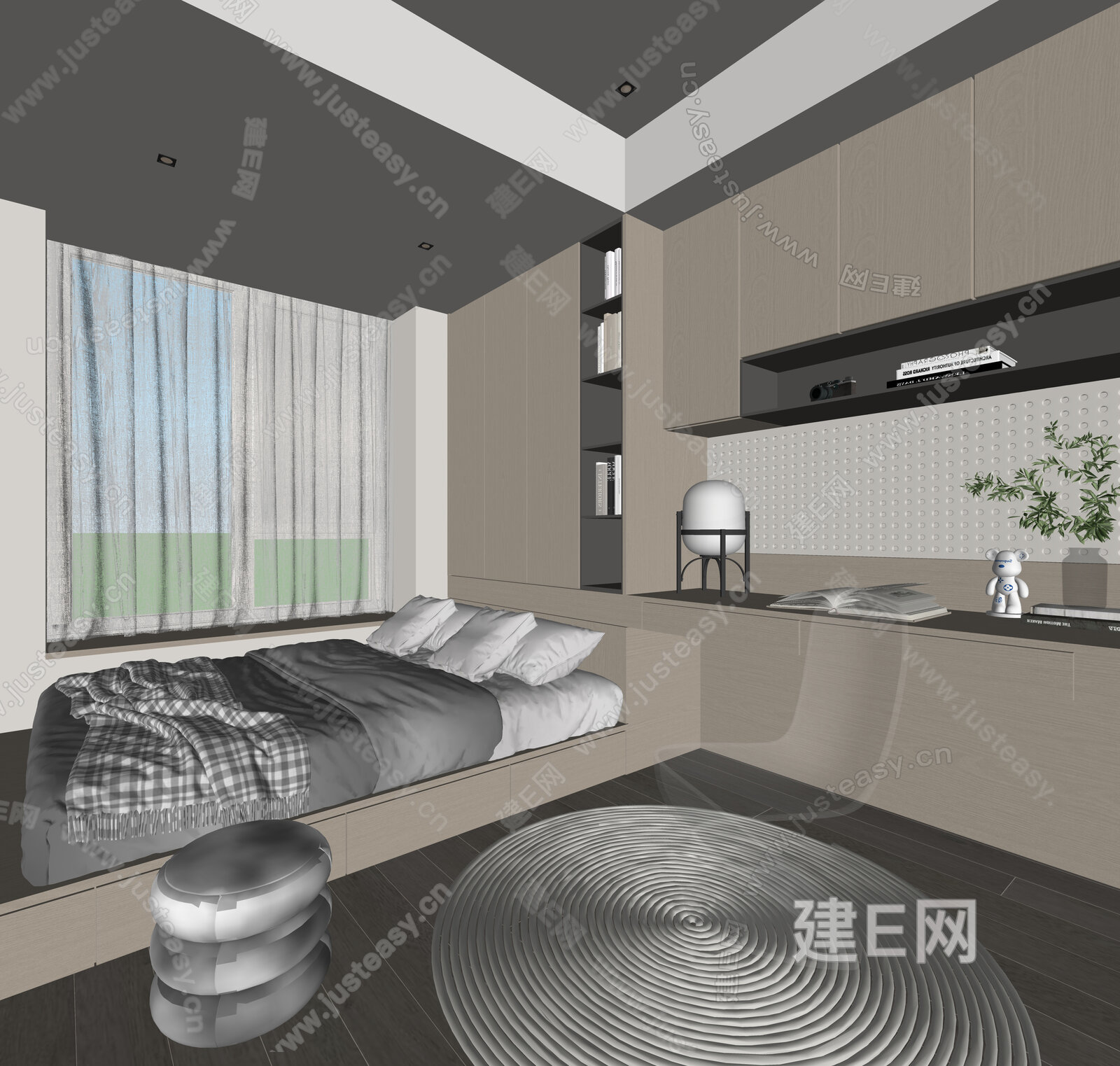 现代榻榻米卧室模型SU模型下载[ID:106124729]_建E室内设计网