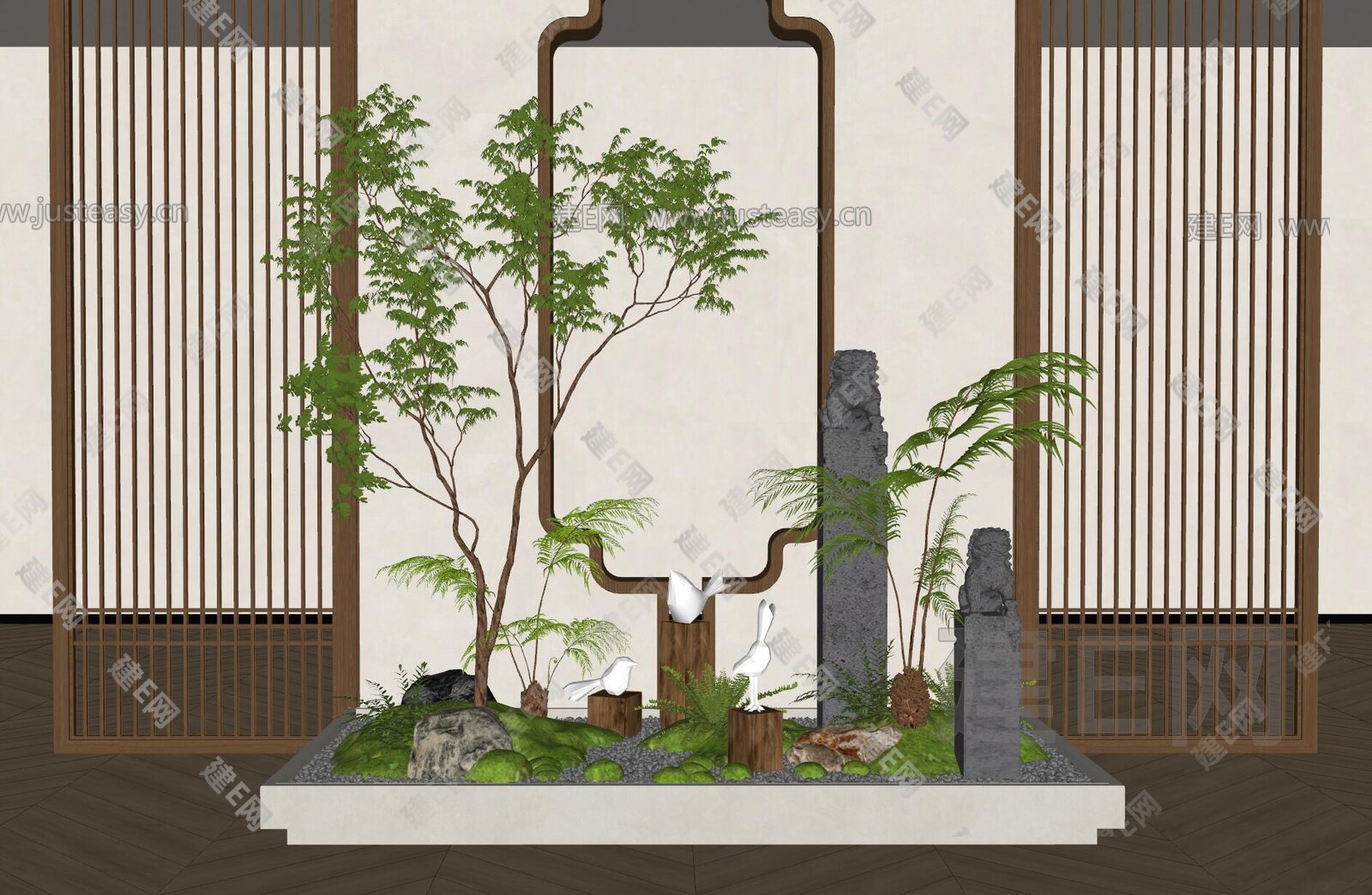 新中式室内景观造景模型SU模型下载[ID:106780141]_建e网su模型