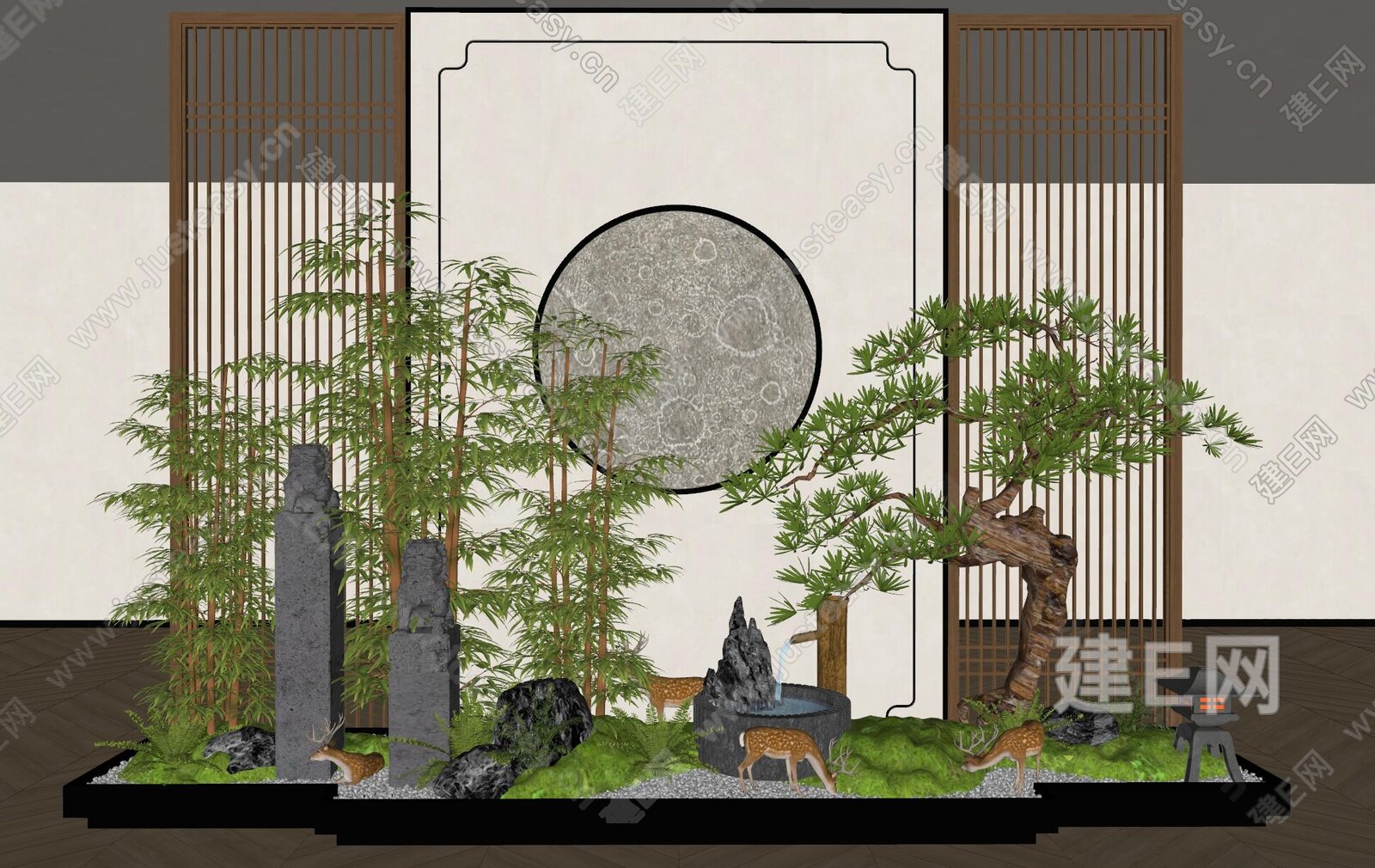 新中式室内景观造景模型SU模型下载[ID:106779965]_建e网su模型