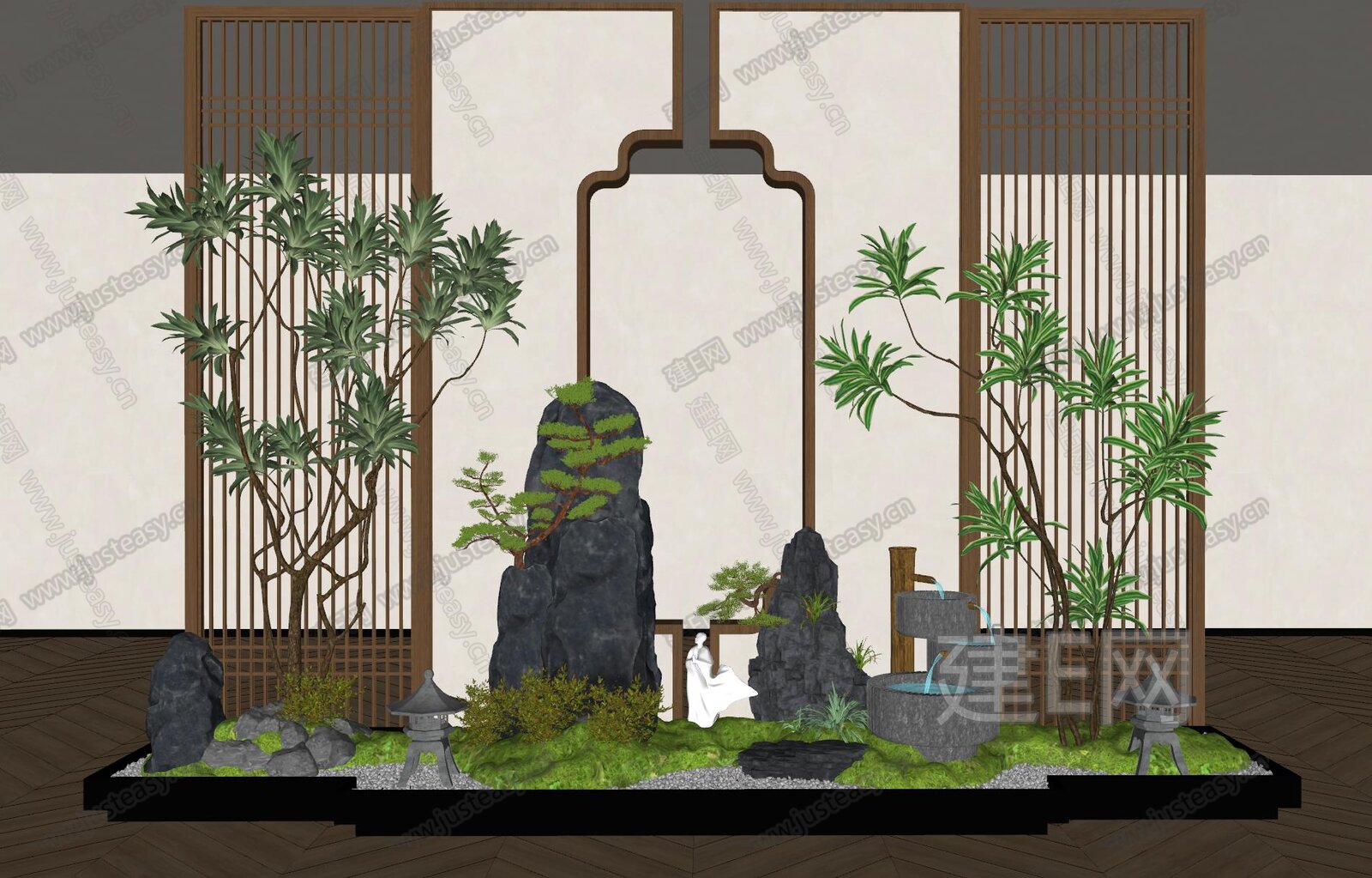 新中式室内景观造景模型SU模型下载[ID:106780140]_建e网su模型