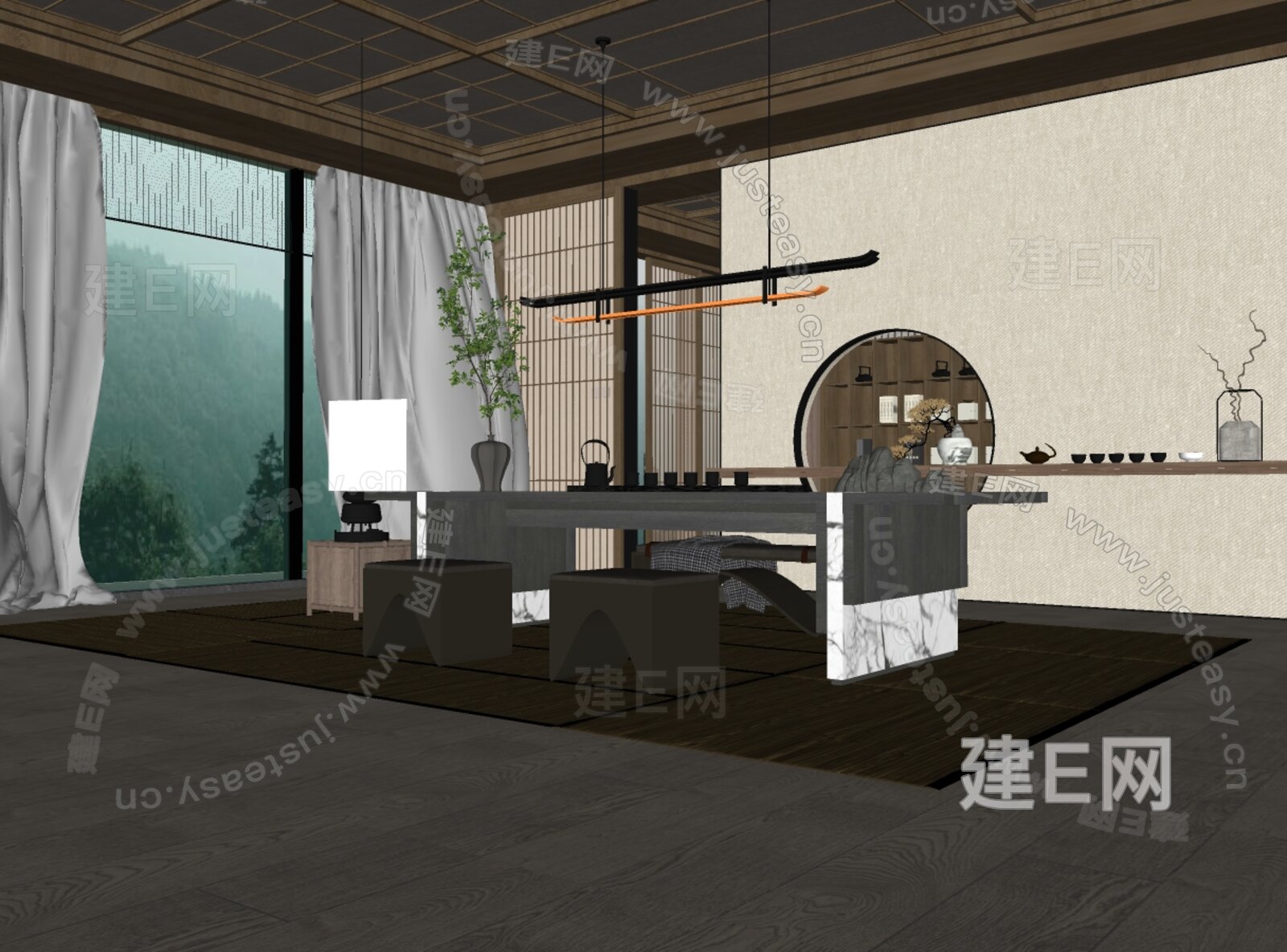 新中式轻奢茶室模型SU模型下载[ID:106845662]_建e网su模型