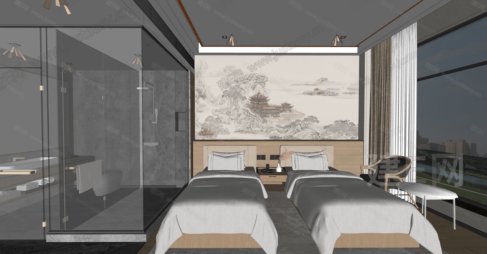 新中式酒店客房模型SU模型下载[ID:107631940]_建e网su模型