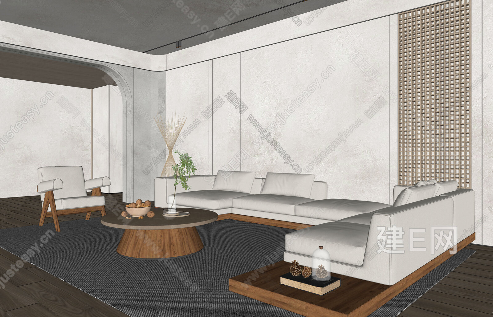 侘寂沙发茶几组合模型SU模型下载[ID:108418352]_建e网su模型