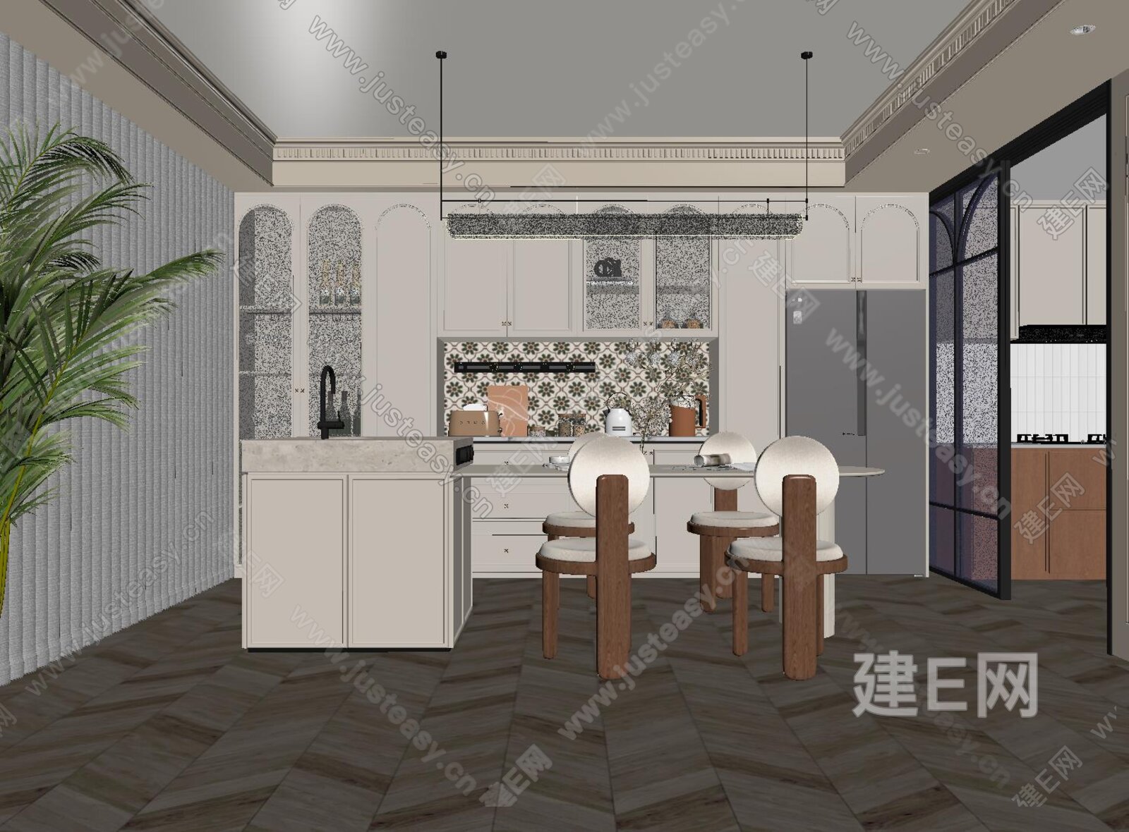 法式餐厅 餐桌椅 岛台 酒柜 吊灯模型SU模型下载[ID:108090877]_建E室内设计网