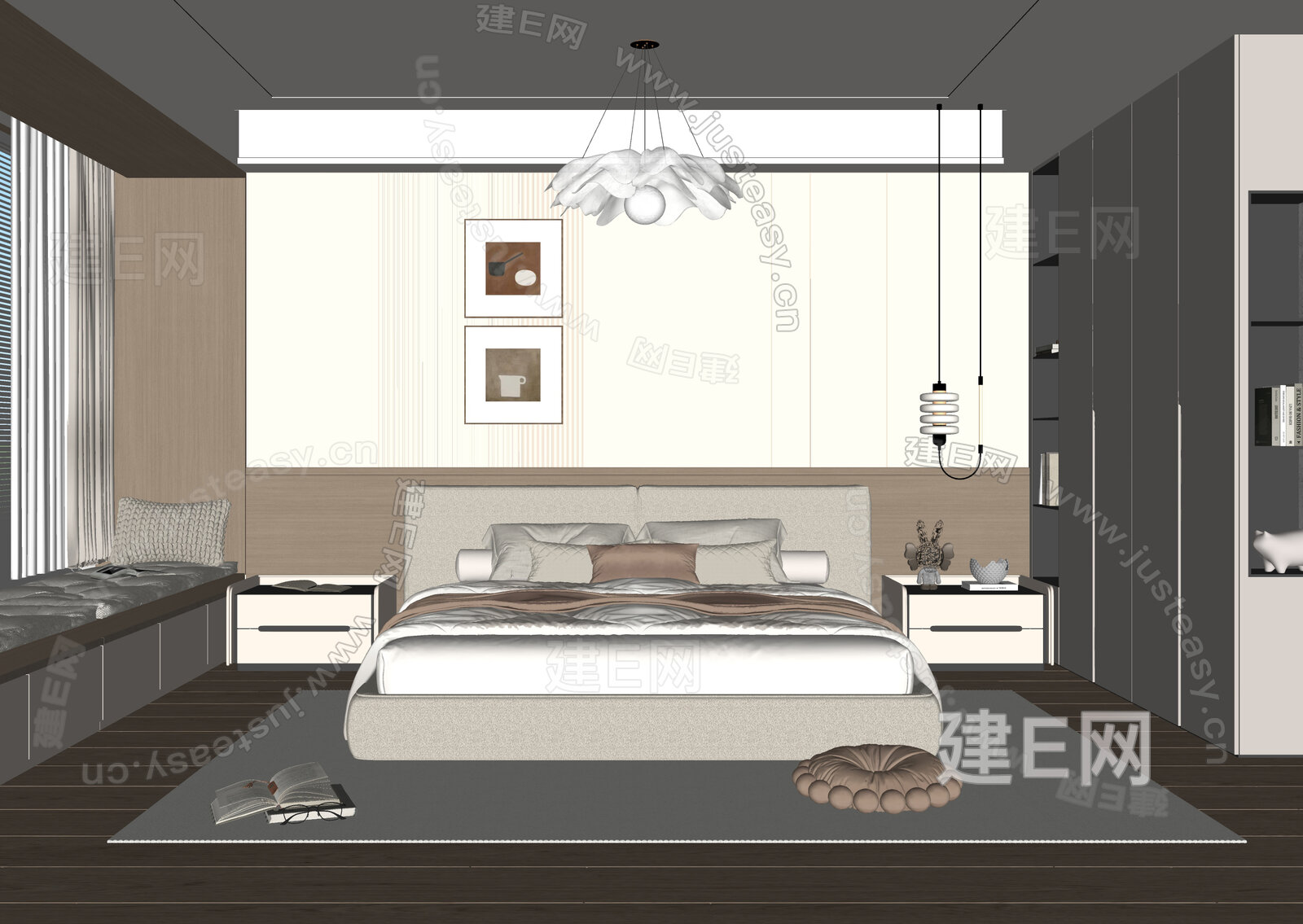 现代奶油风卧室模型SU模型下载[ID:109008380]_建e网su模型