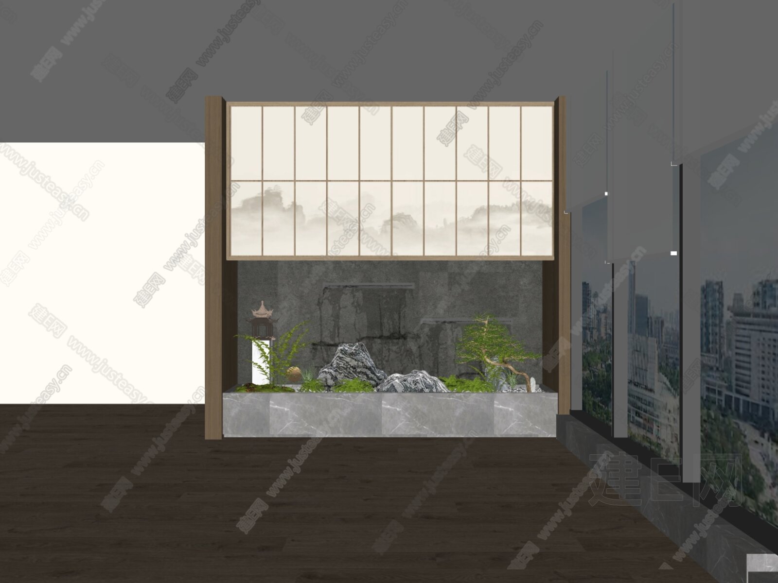 新中式室内造景山石水景模型SU模型下载[ID:102192510]_建E室内设计网