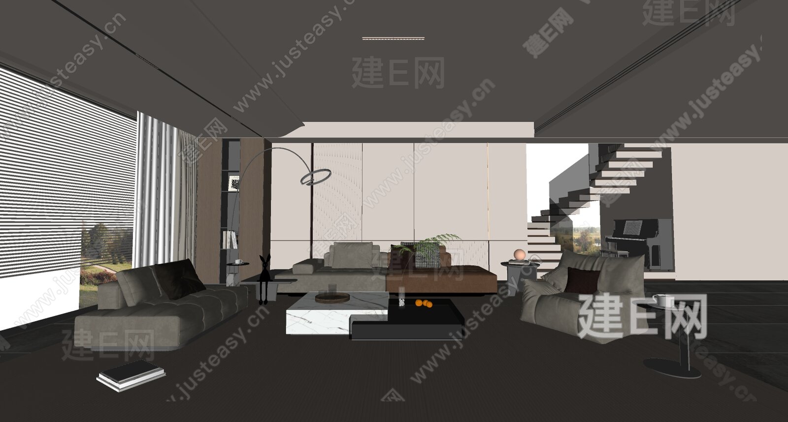 现代轻奢别墅客厅模型SU模型下载[ID:102192433]_建E室内设计网
