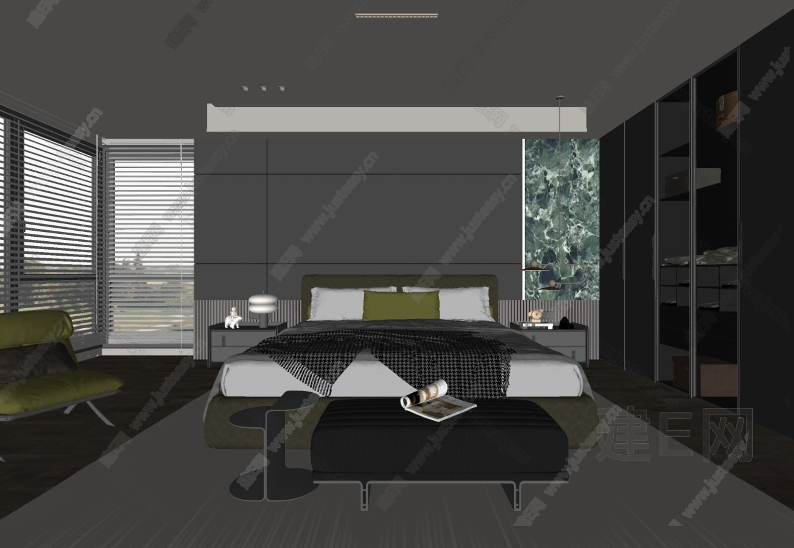 现代暗黑风卧室模型SU模型下载[ID:101930351]_建e网su模型