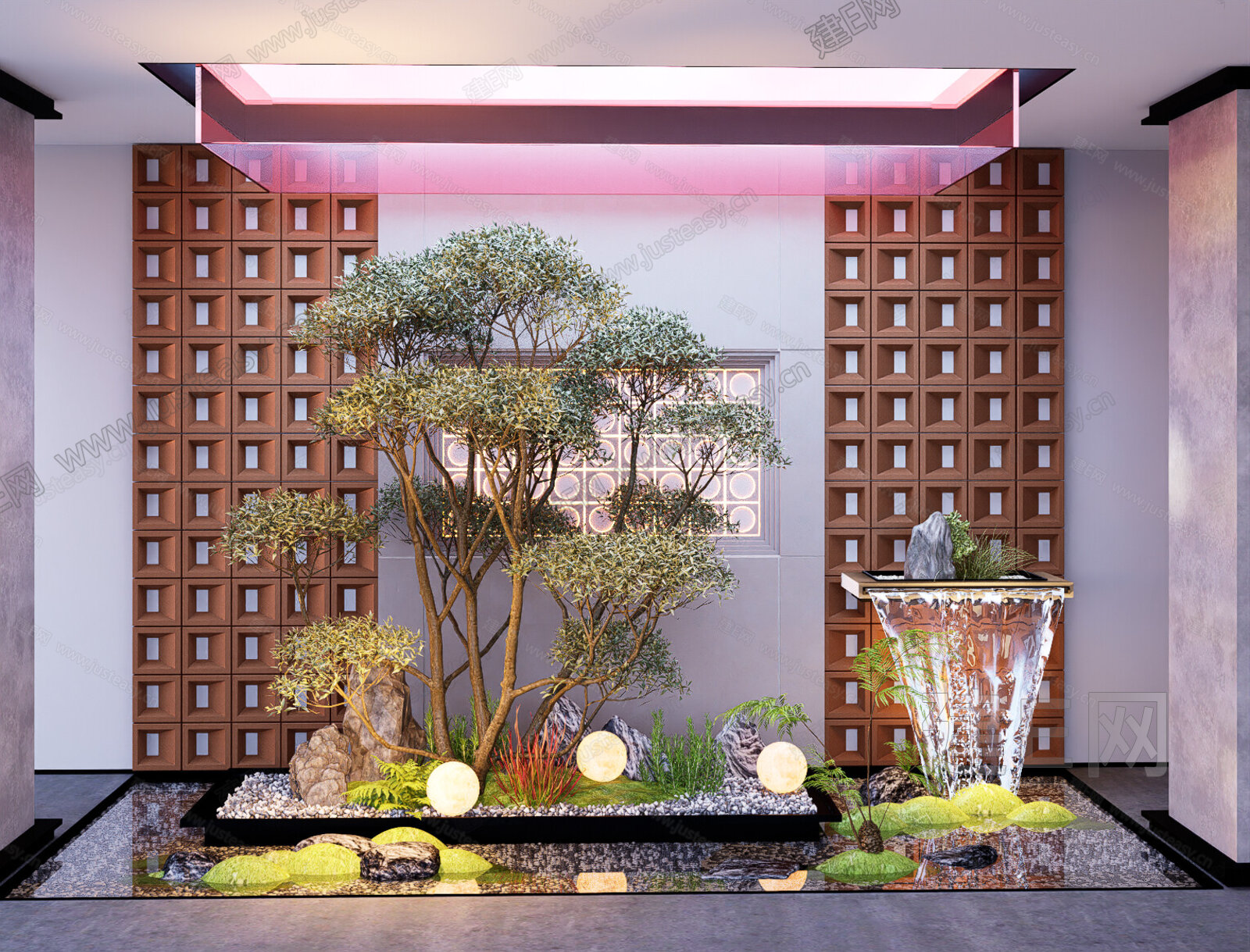 现代室内景观造景 景观小品 流水景墙模型SU模型下载[ID:102520104]_建E室内设计网