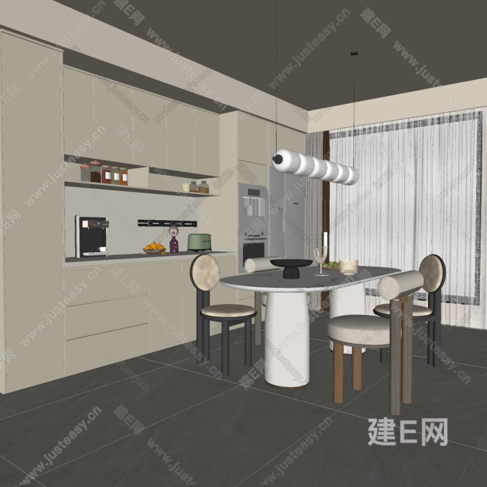 现代奶油风餐厅 模型SU模型下载[ID:102782434]_建e网su模型