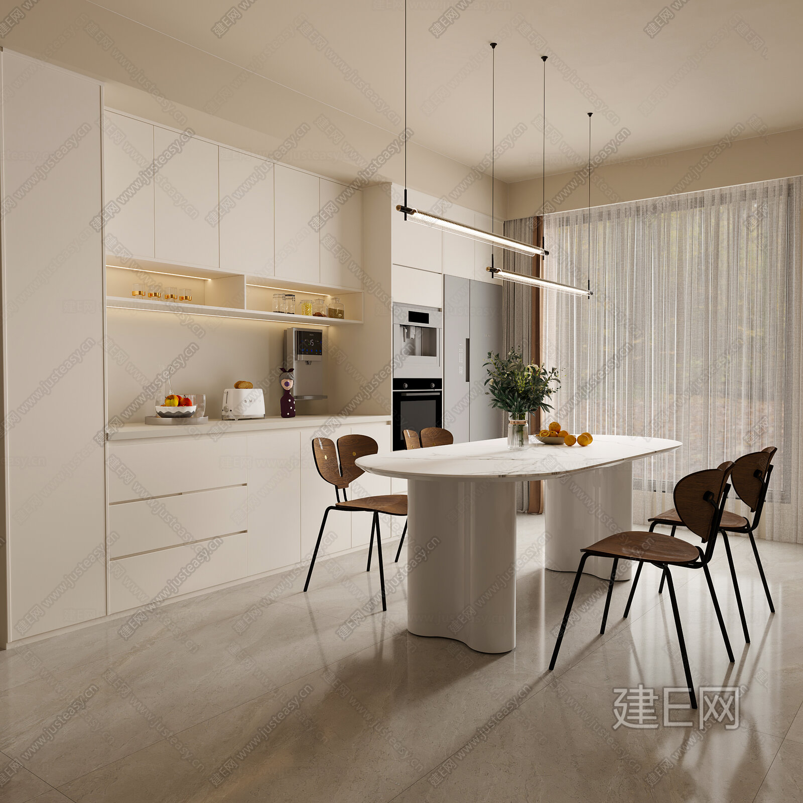 现代奶油法式风餐厅模型SU模型下载[ID:103634398]_建E室内设计网