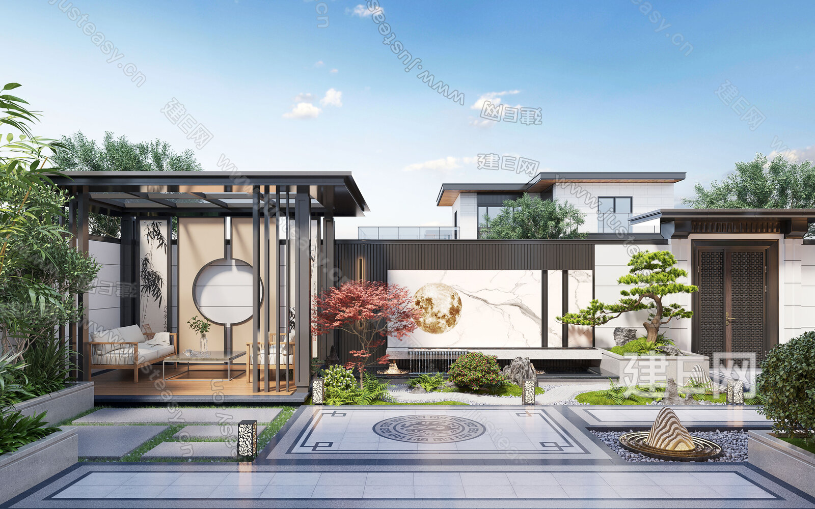 新中式庭院景观模型SU模型下载[ID:103568753]_建e网su模型