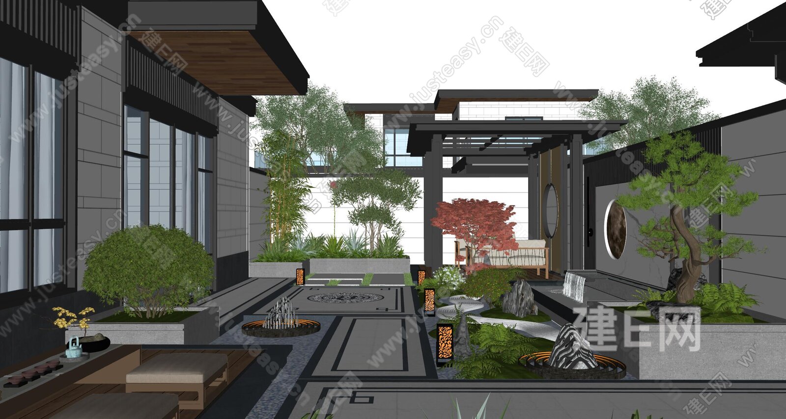 新中式庭院景观模型SU模型下载[ID:103568753]_建e网su模型