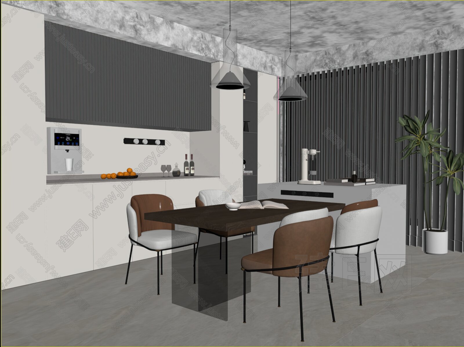 现代奶油风餐厅模型SU模型下载[ID:103568788]_建E室内设计网