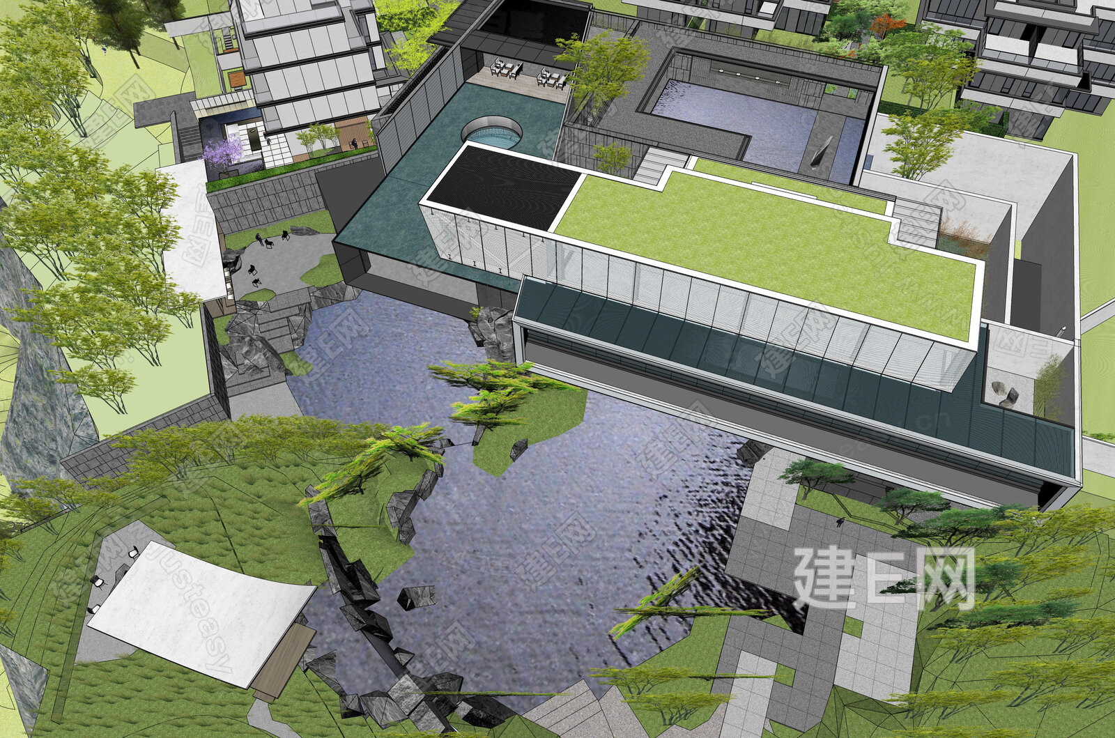 新中式示范区景观模型SU模型下载[ID:103699769]_建e网su模型