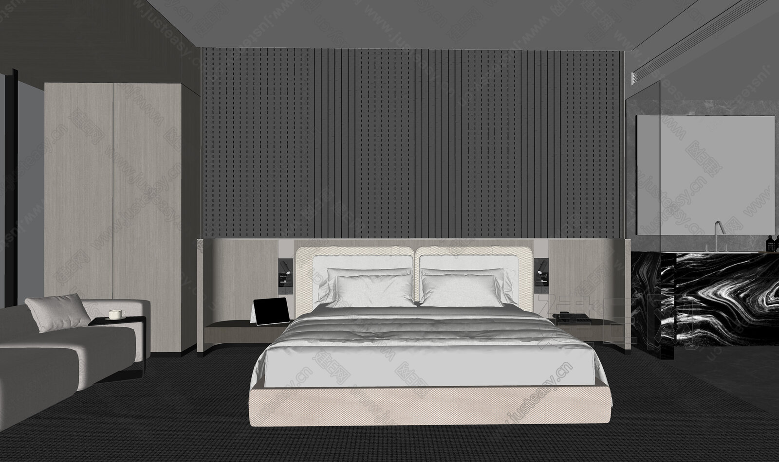 现代暗黑风卧室模型SU模型下载[ID:103306653]_建e网su模型