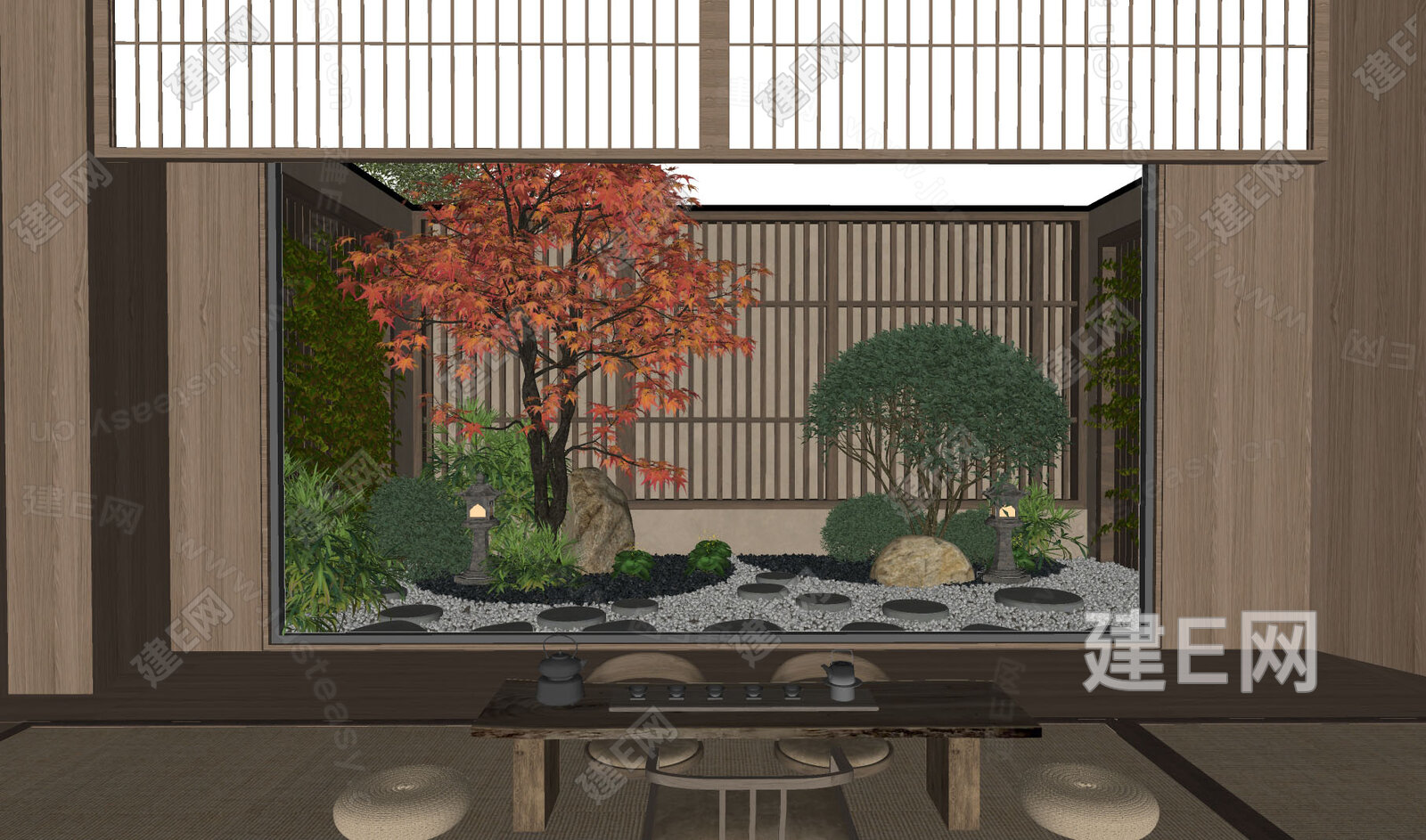 日式天井庭院景观 禅意景观造景小品 植物组合模型SU模型下载[ID:103306670]_建E室内设计网