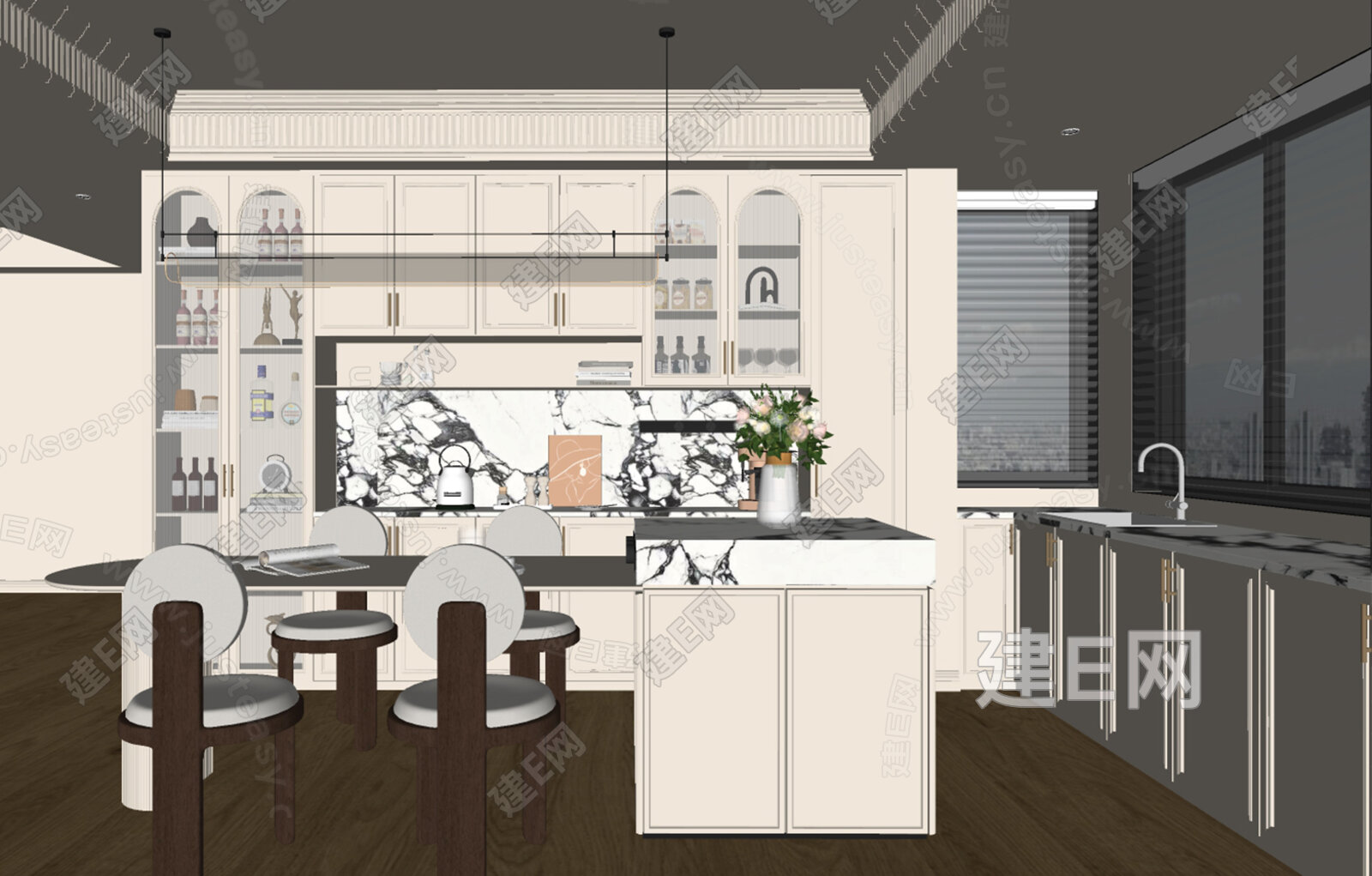 法式奶油风餐厅 模型SU模型下载[ID:103437691]_建e网su模型