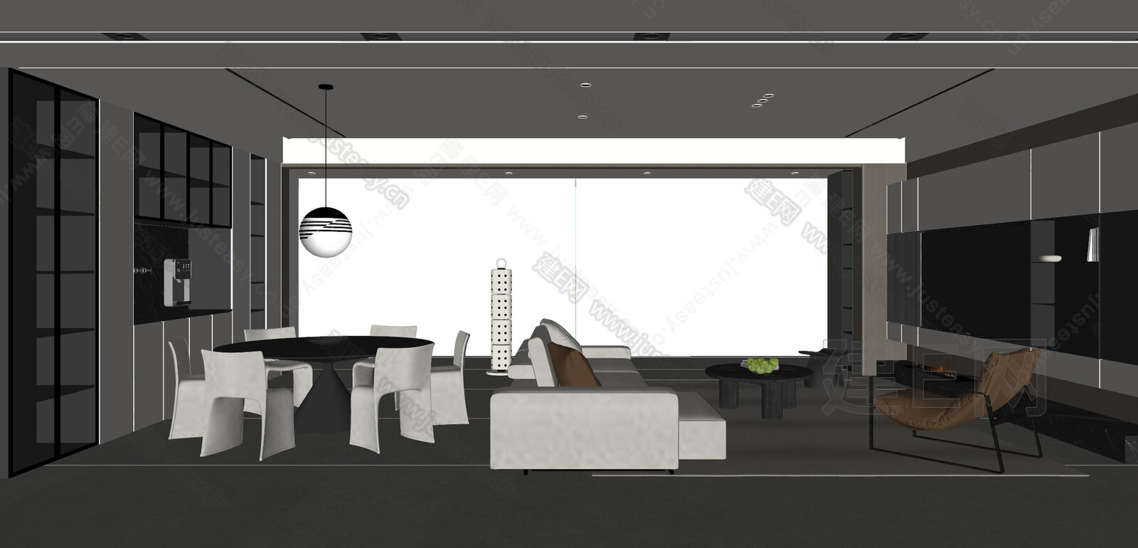 现代极简客餐厅模型SU模型下载[ID:104289607]_建e网su模型