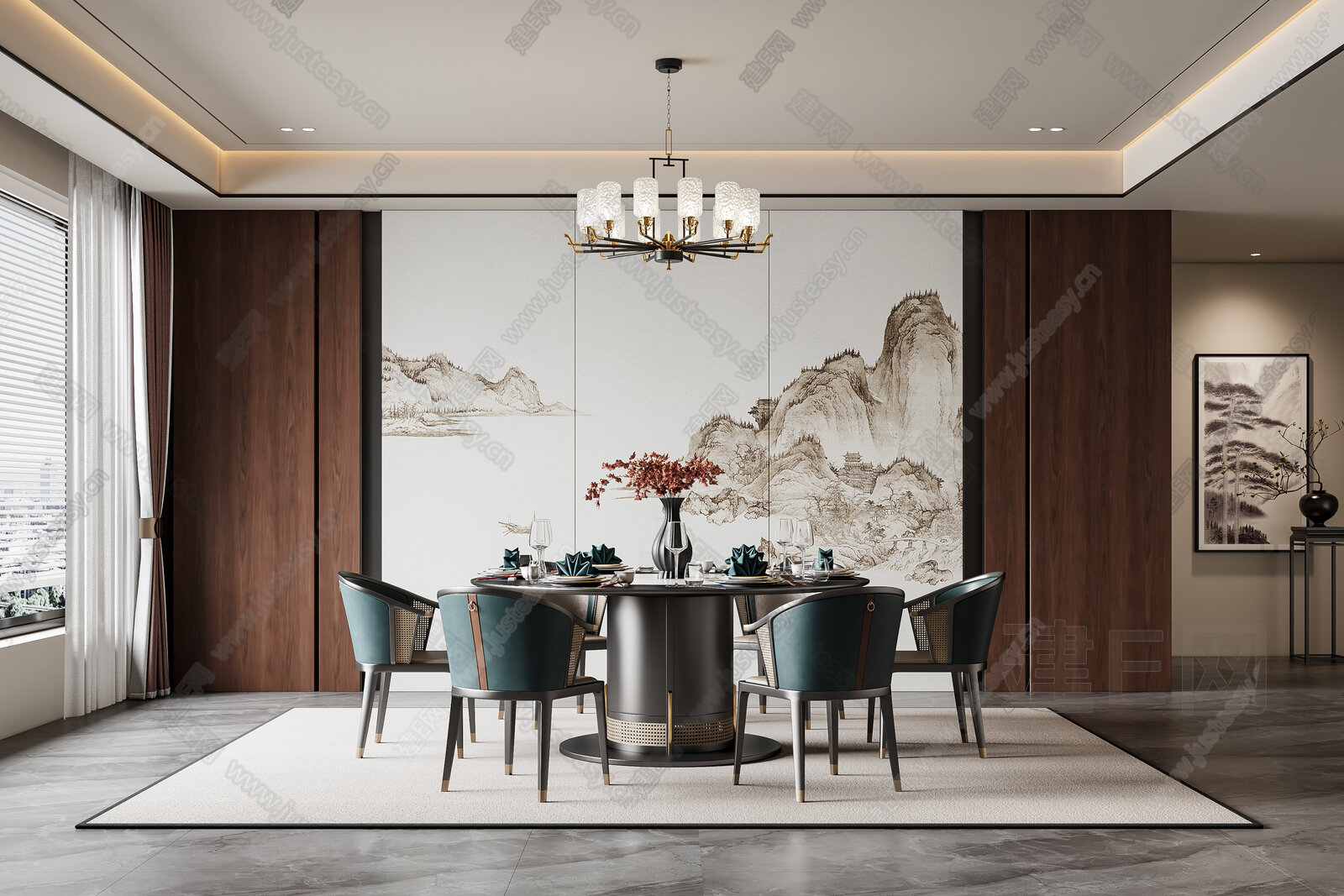 新中式餐厅模型SU模型下载[ID:103962055]_建E室内设计网