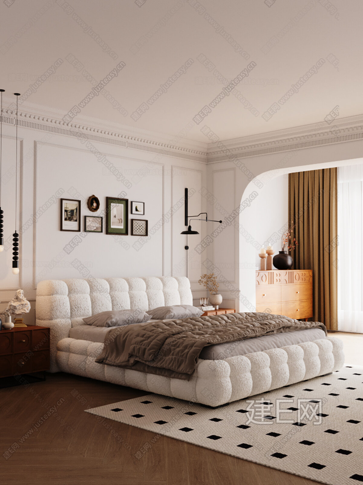 【现代奶油风卧室3d模型】建E网_现代奶油风卧室3d模型下载[ID:116218985]_打造3d现代奶油风卧室模型免费下载平台
