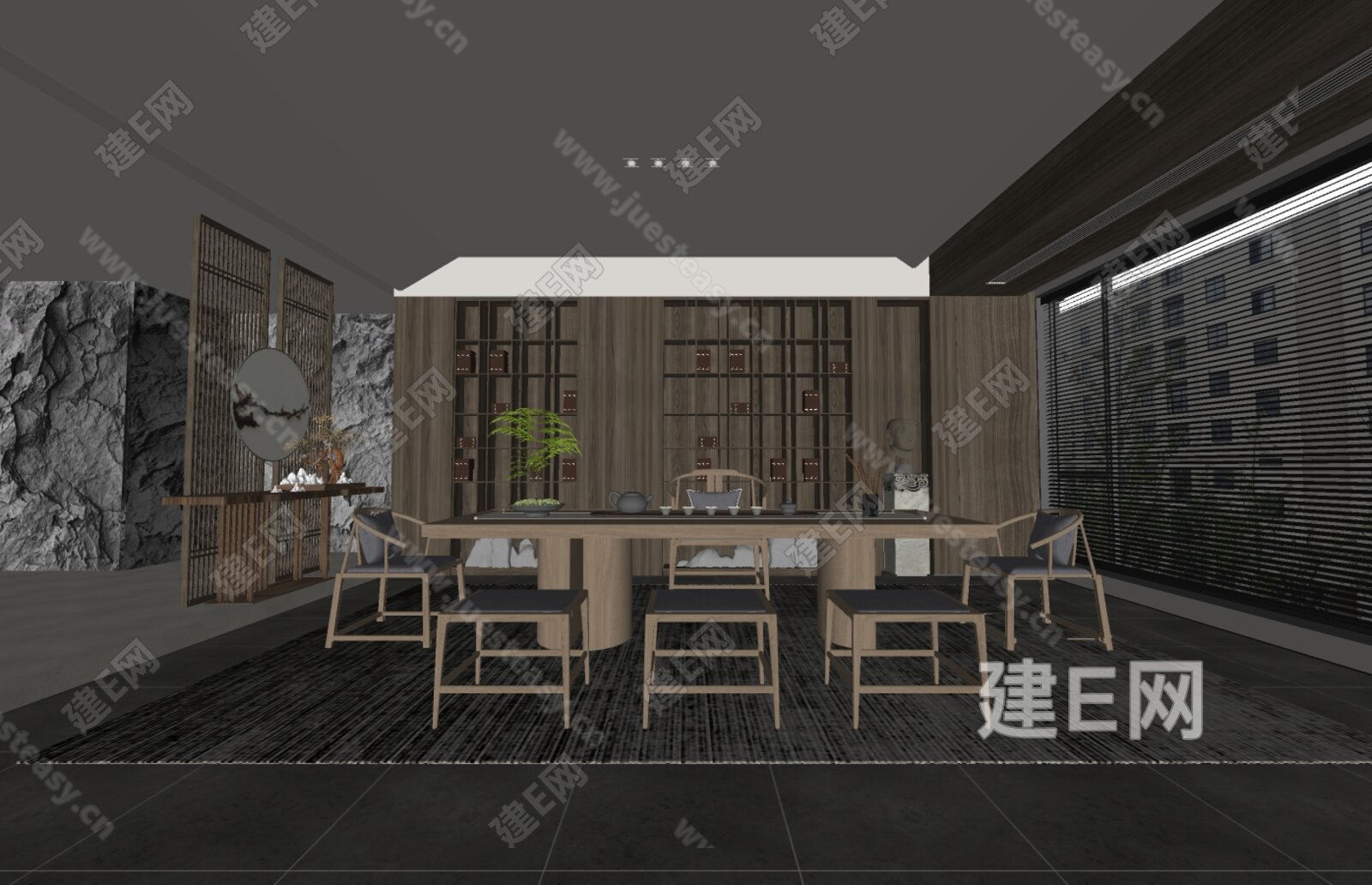 新中式茶室模型SU模型下载[ID:104486179]_建E室内设计网