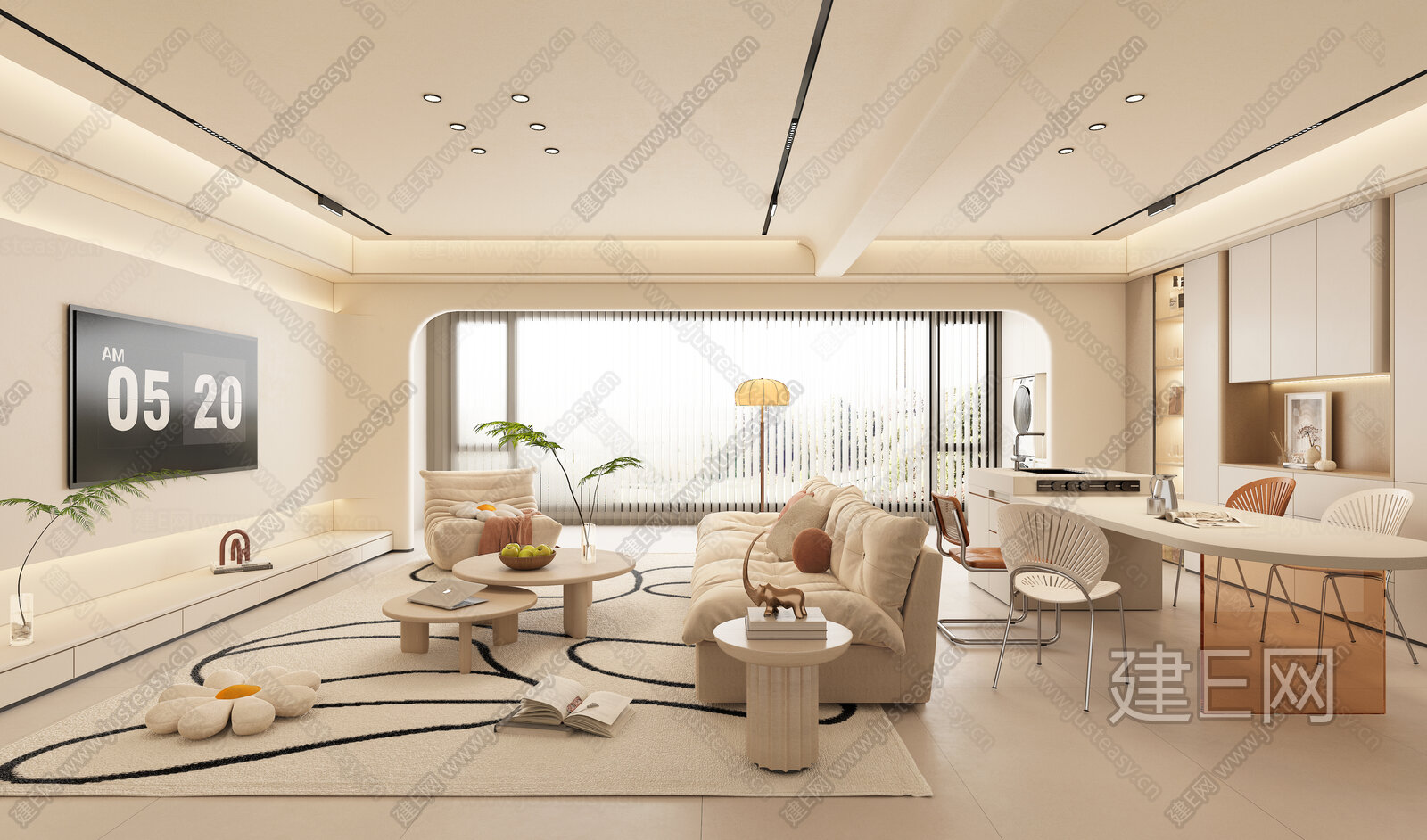 现代奶油风客餐厅3d模型下载[ID:116677674]_建e网3d模型