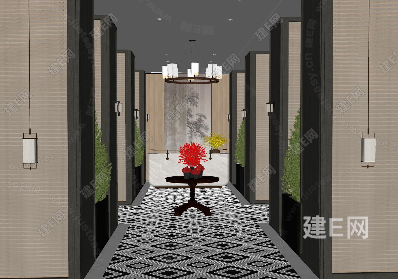 新中式酒店过道模型SU模型下载[ID:113333530]_建e网su模型