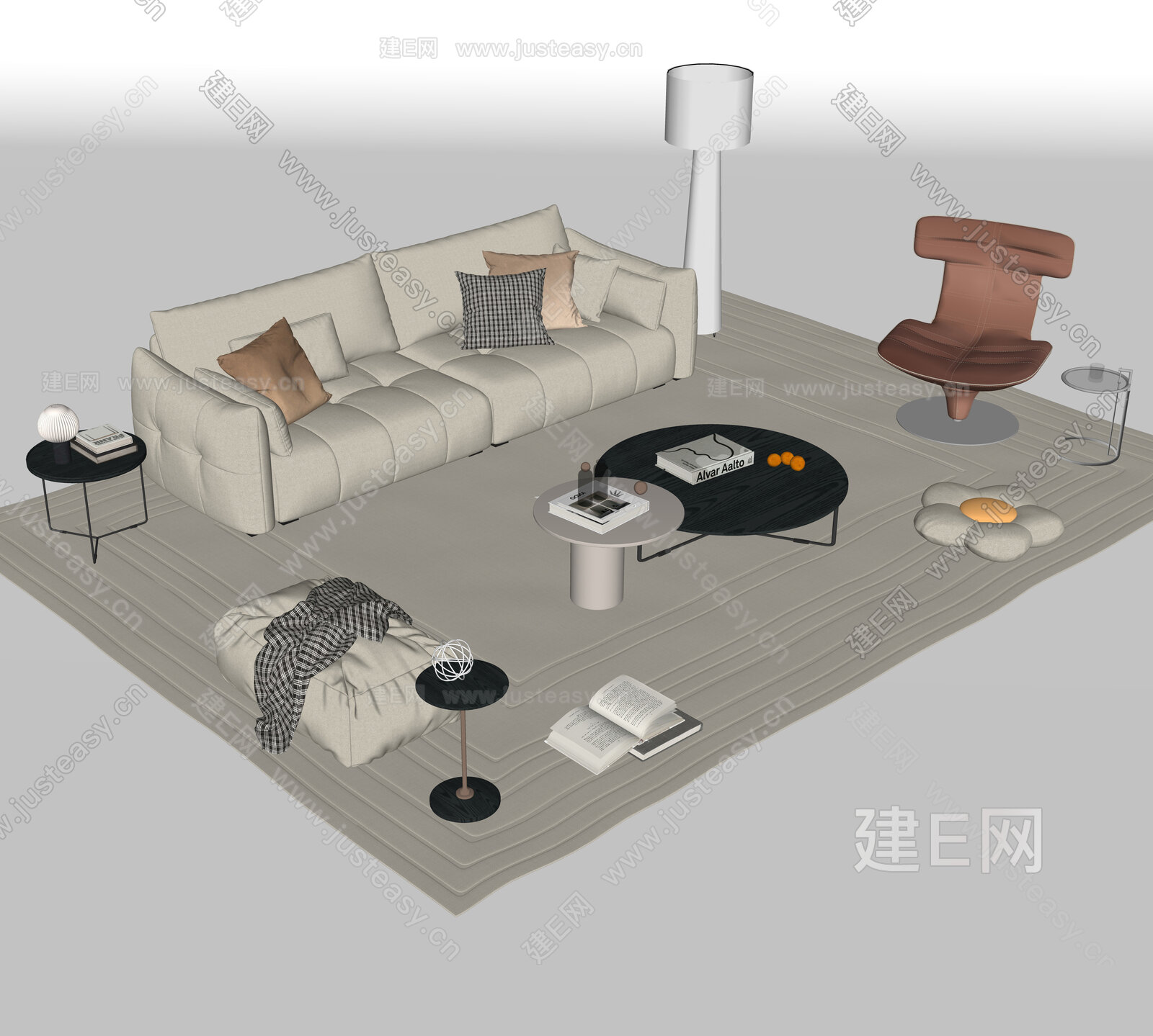 奶油风沙发茶几组合模型SU模型下载[ID:114054410]_建e网su模型