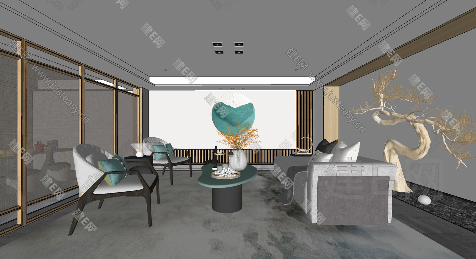 新中式售楼处洽谈区 模型SU模型下载[ID:115103170]_建E室内设计网