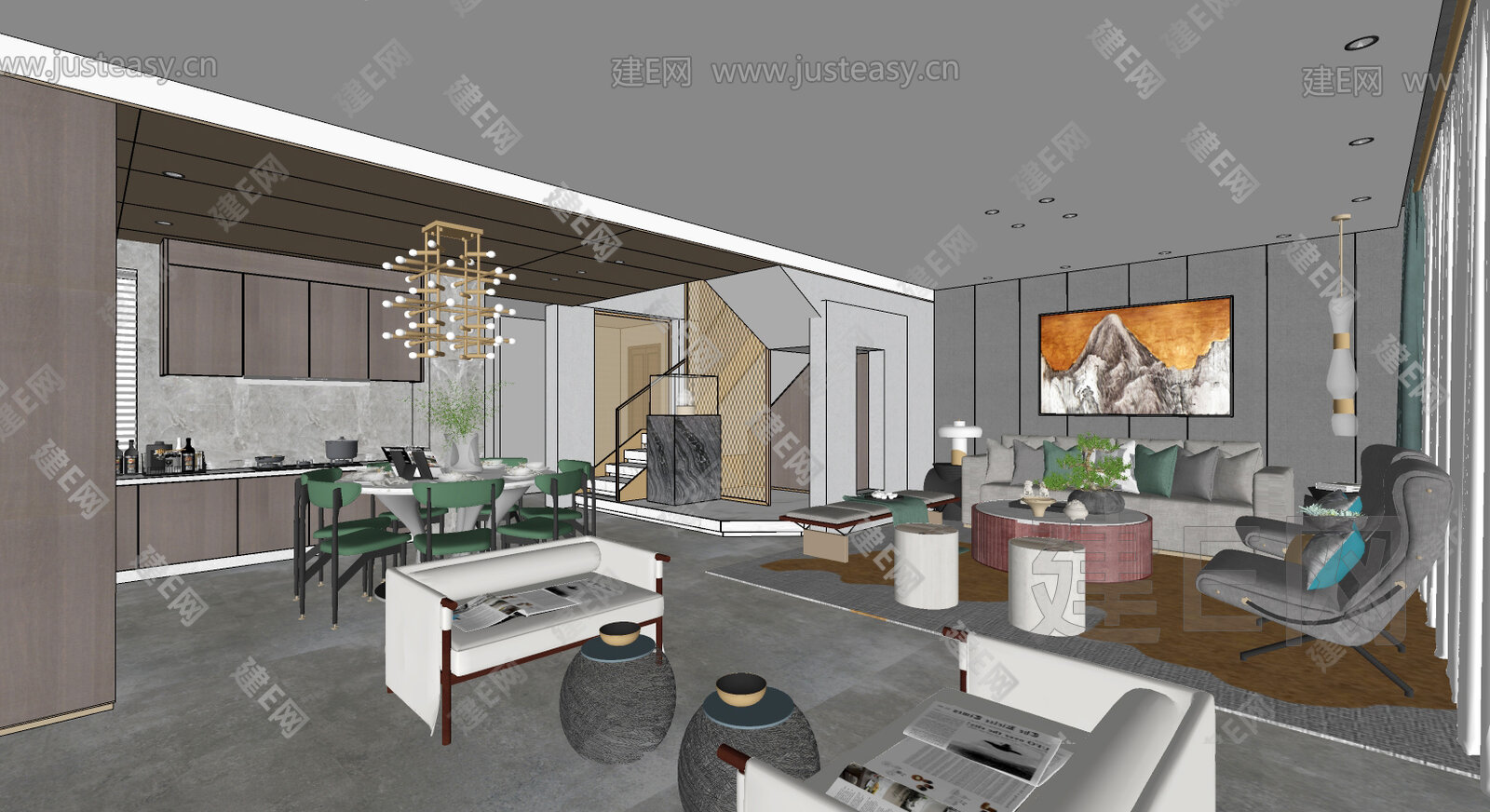现代客餐厅 模型SU模型下载[ID:115299819]_建E室内设计网